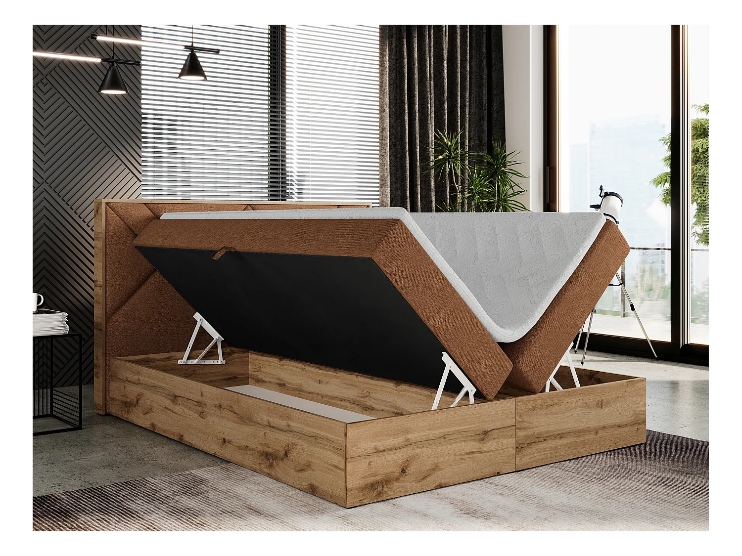 Boxspringbett GUNAR - gepolster kopfteil, Doppelbett mit Multipocket-Matratze, zwei Bettkästen - 180x200 cm - H4 - Orange Strukture