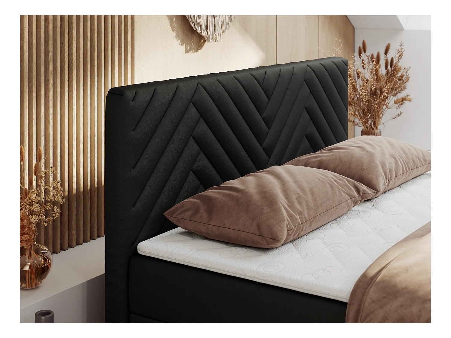 Boxspringbett PARIS DUO - Polsterbett mit genähtem Kopfteil und Frontplatte, Doppelbett, zwei Bettkästen - 120x200 cm - H3 - Schwarz Kunstleder