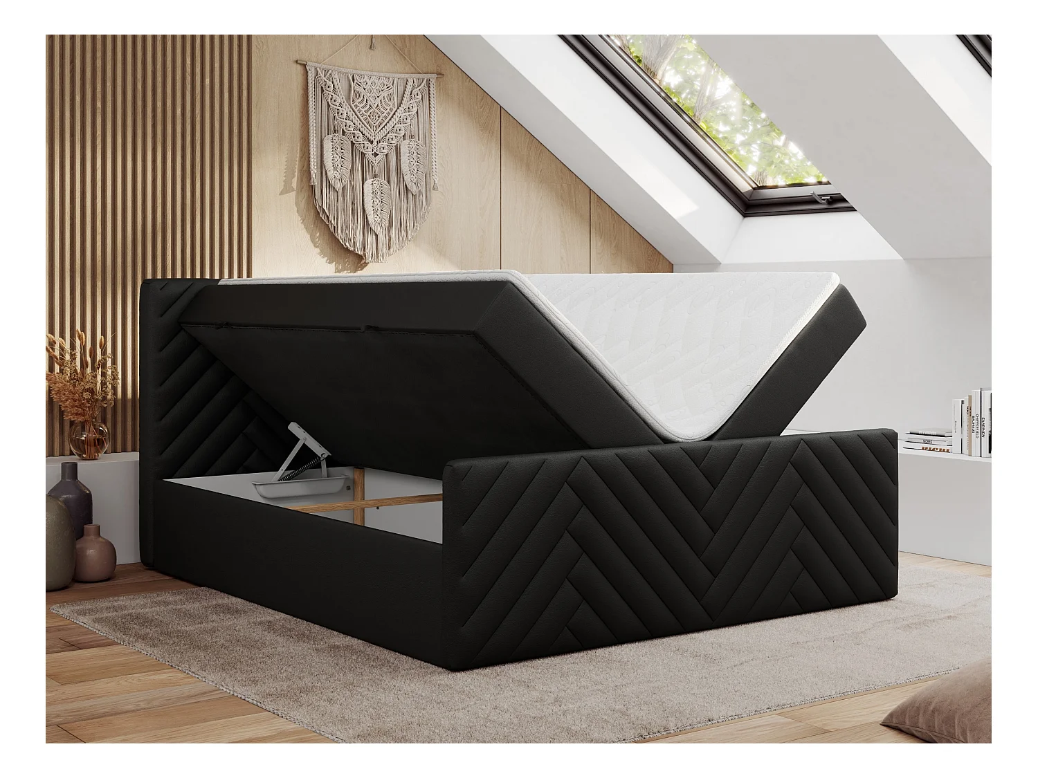 Boxspringbett PARIS DUO - Polsterbett mit genähtem Kopfteil und Frontplatte, Doppelbett, zwei Bettkästen - 120x200 cm - H3 - Schwarz Kunstleder