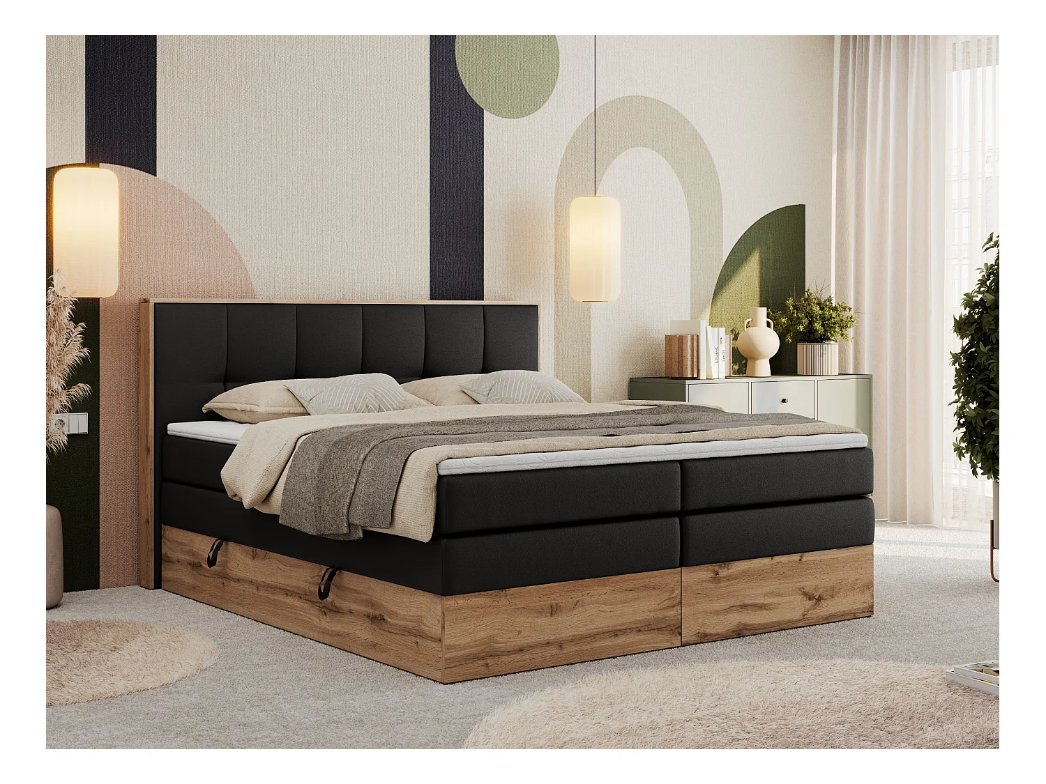 Boxspringbett ALBERO 1 KING - zwei 7 Härtezonen Multipocket-Matratzen, Doppelbett mit Stauraum, Eiche Wotan Holzrahmen - 160x200 cm - H3 - Schwarz Kunstleder