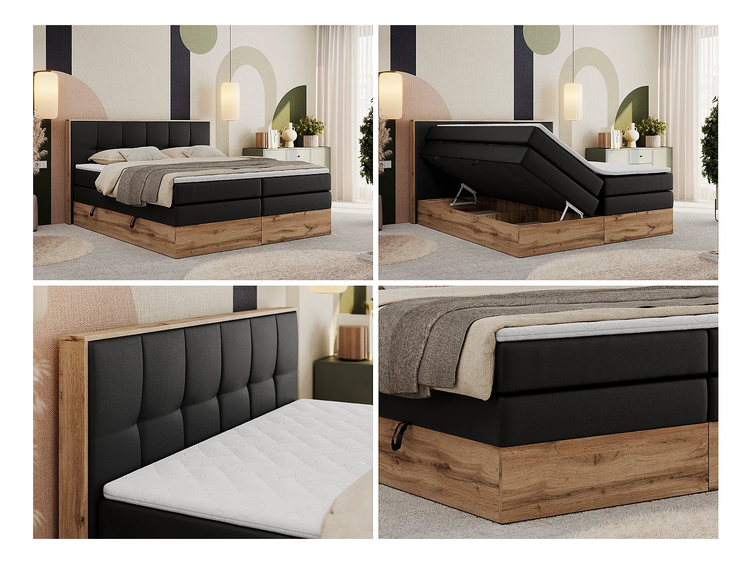 Boxspringbett ALBERO 1 KING - zwei 7 Härtezonen Multipocket-Matratzen, Doppelbett mit Stauraum, Eiche Wotan Holzrahmen - 160x200 cm - H3 - Schwarz Kunstleder