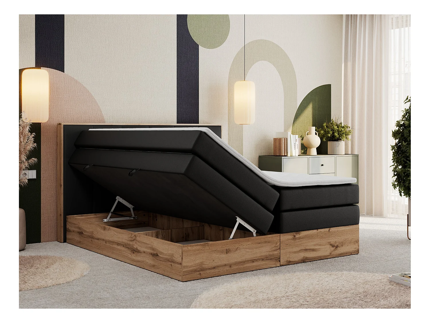 Boxspringbett ALBERO 1 KING - zwei 7 Härtezonen Multipocket-Matratzen, Doppelbett mit Stauraum, Eiche Wotan Holzrahmen - 160x200 cm - H3 - Schwarz Kunstleder