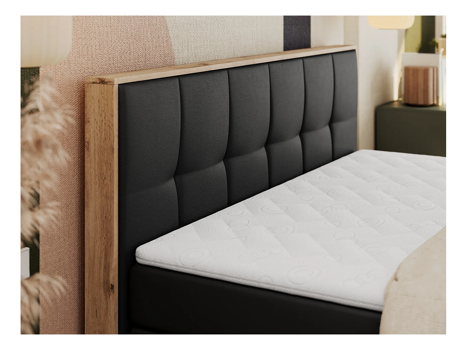 Boxspringbett ALBERO 1 KING - zwei 7 Härtezonen Multipocket-Matratzen, Doppelbett mit Stauraum, Eiche Wotan Holzrahmen - 160x200 cm - H3 - Schwarz Kunstleder