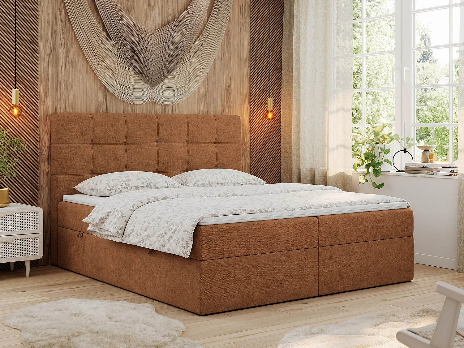 Boxspringbett ERNI - mit gestepptem Kopfteil, Polsterbett, Multipocket-Matratze und Topper, Bettkästen - 160x200 cm - H3 - Orange Stukture