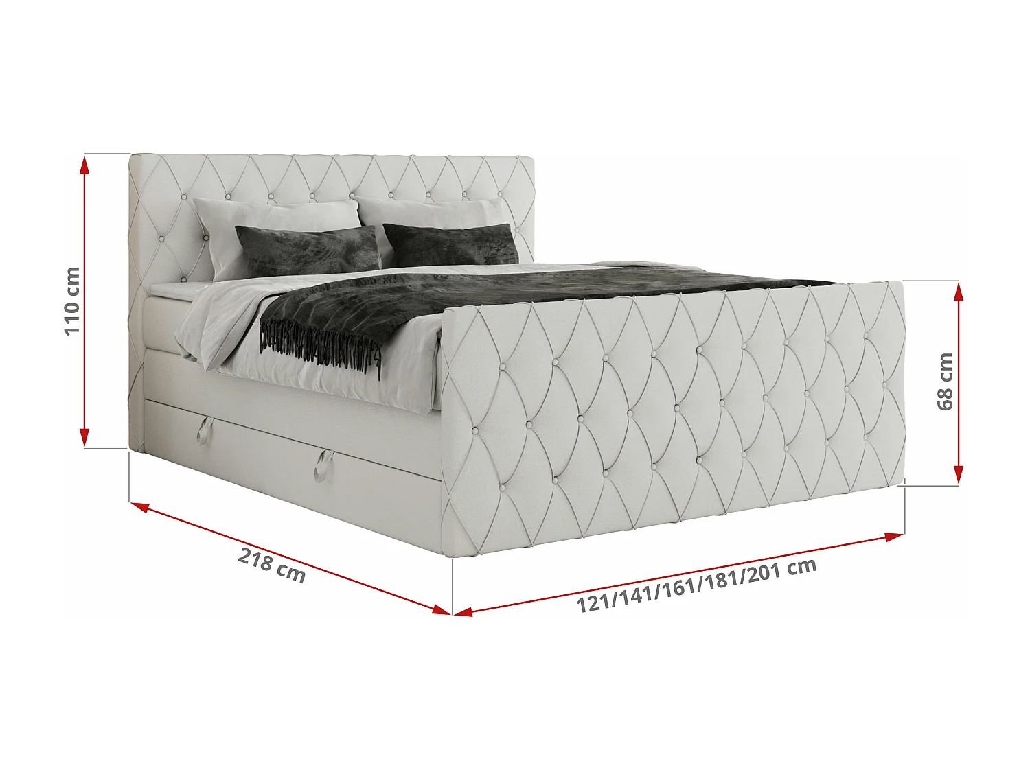 Boxspringbett MIREN KING DUO - für Schlafzimmer mit zwei Multipocket-Matratzen und Topper, gestepptes Kopfteil und Front  - 180x200 cm - H4 - Weiß Kunstleder
