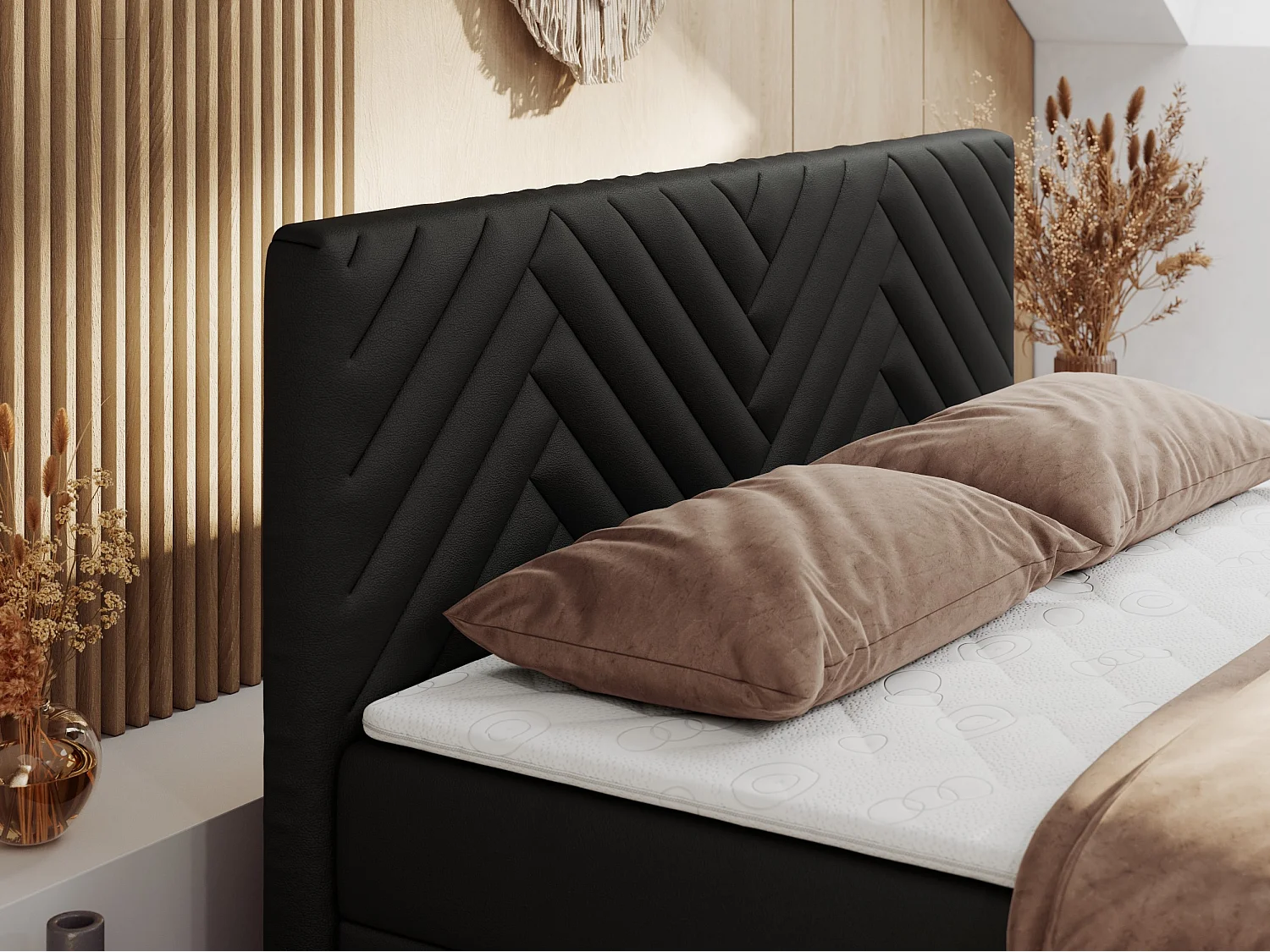 Boxspringbett PARIS DUO - Polsterbett mit genähtem Kopfteil und Frontplatte, Doppelbett, zwei Bettkästen - 200x200 cm - H3 - Schwarz Kunstleder