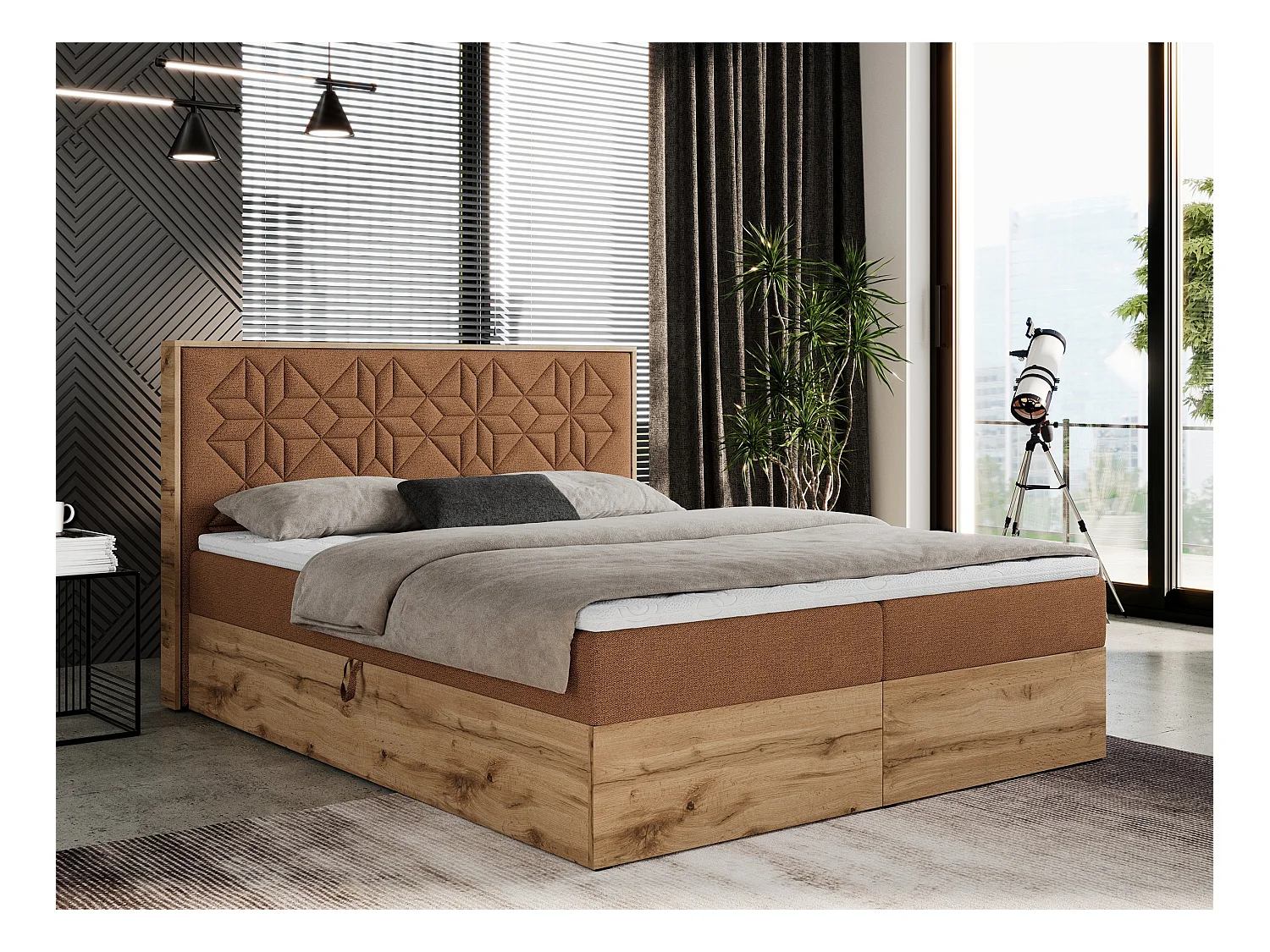 Boxspringbett NESSI - mit hoher Kopfstütze, Multipocket-Matratze und Topper, Doppelbett mit Bettkästen - 140x200 cm - H3 - Orange Strukture