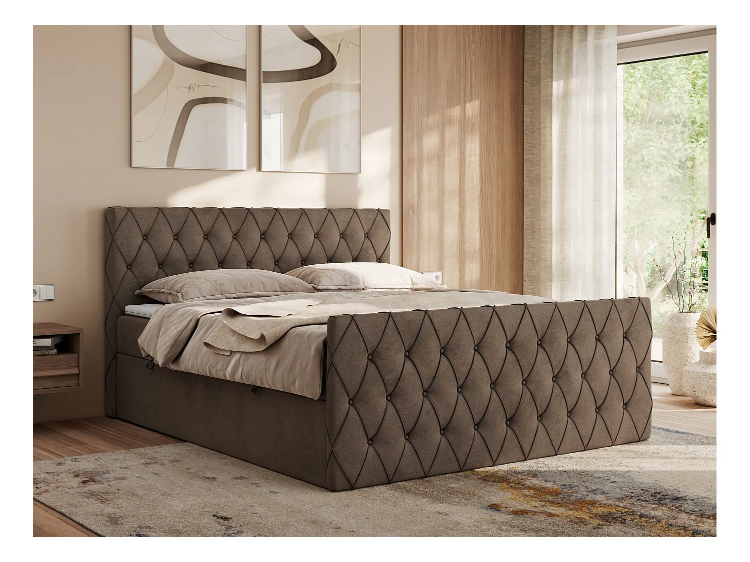 Boxspringbett MIREN DUO - mit gestepptem Kopfteil und Front, Multipocket-Matratze, zwei Bettkästen - 120x200 cm - H3 - Braun Velvet