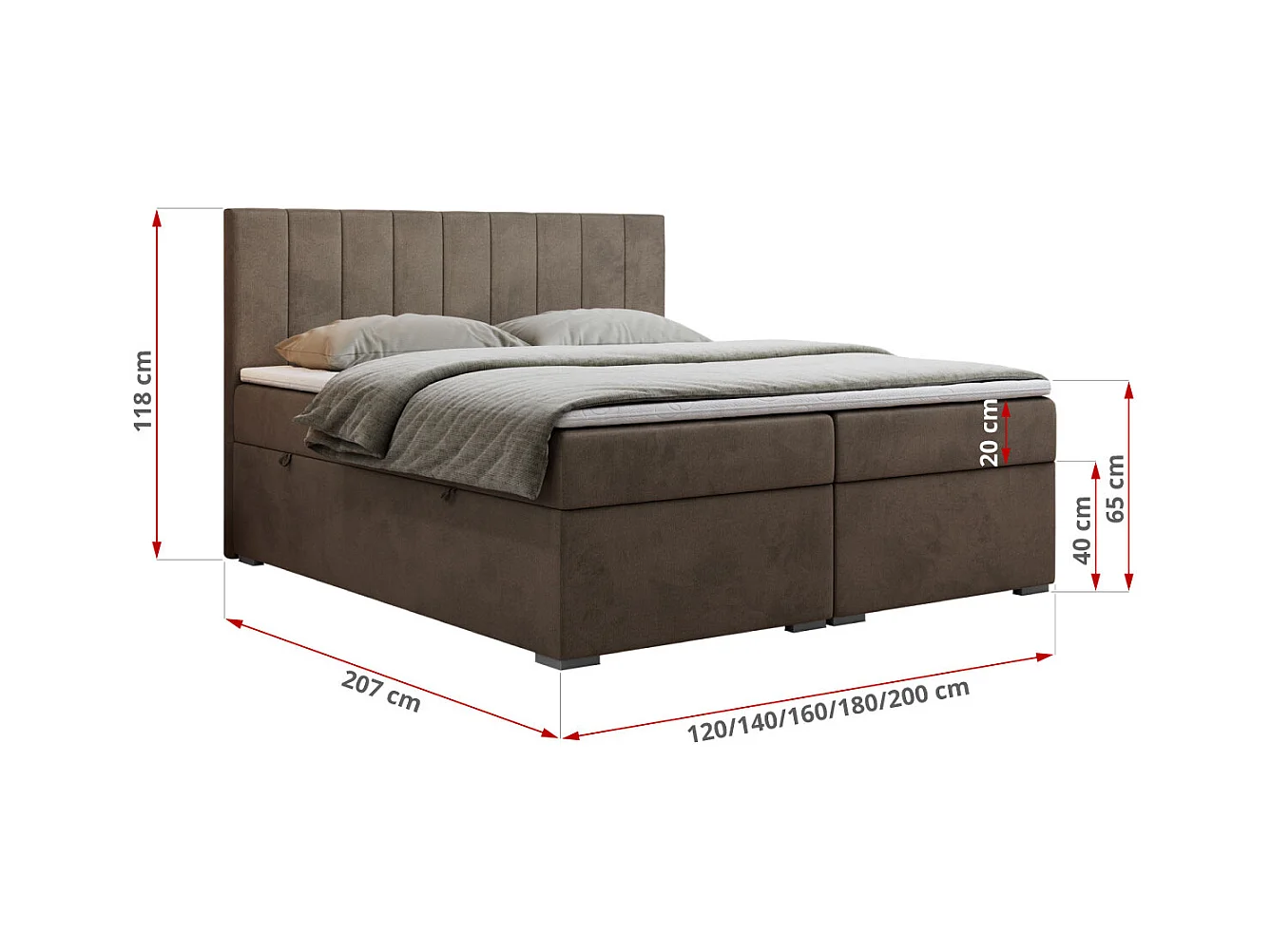 Boxspringbett LOPE - genähtes Kopfteil, Doppelbett mit Stauraum, Multipocket-Matratze, Topper - 120x200 cm - H3 - Braun Velvet