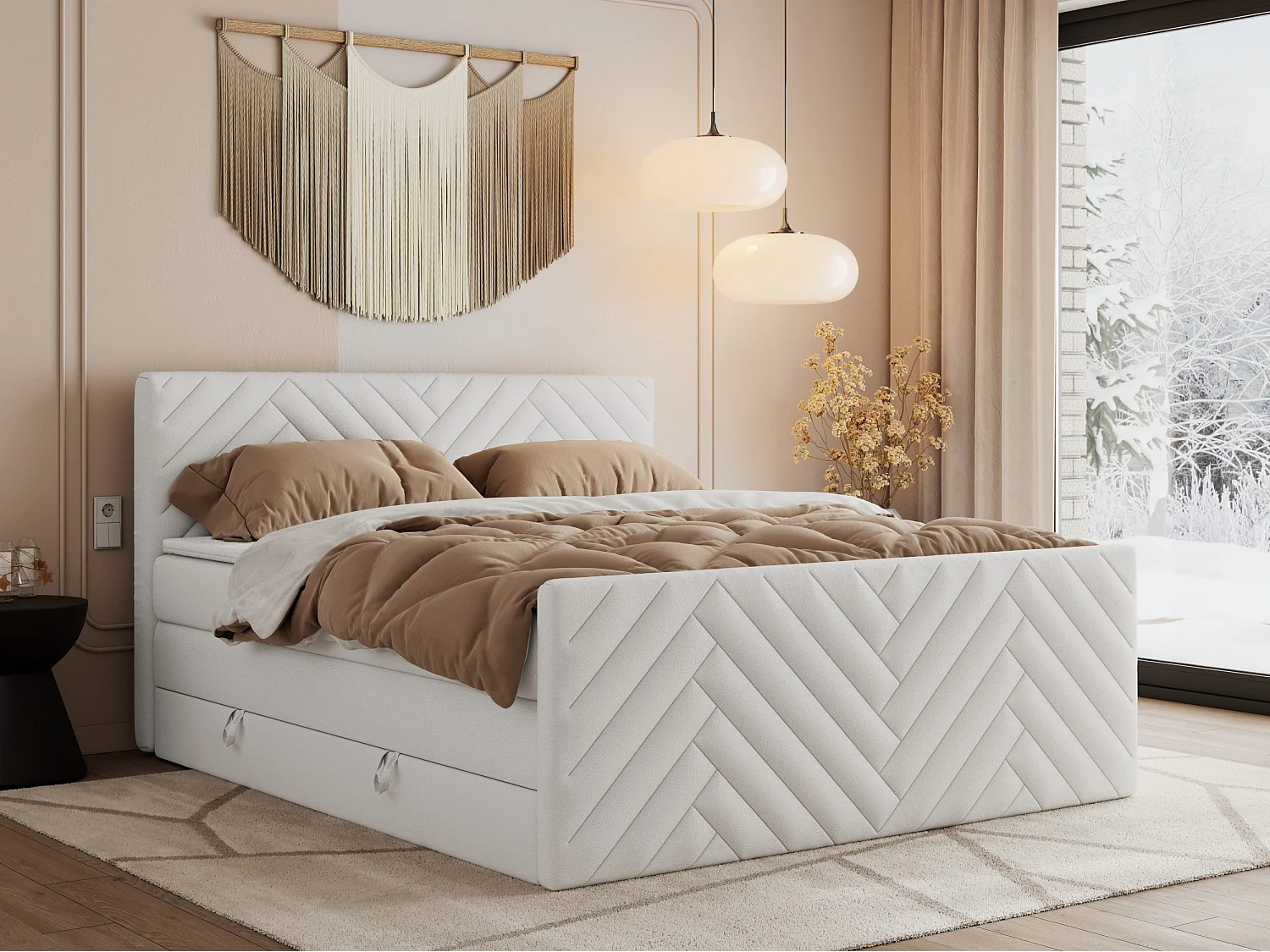 Boxspringbett PARIS KING DUO - dekorative Kopfstütze und Front, zwei Multipocket-Matratze mit Topper - 180x200 cm - H3 - Weiß Kunstleder