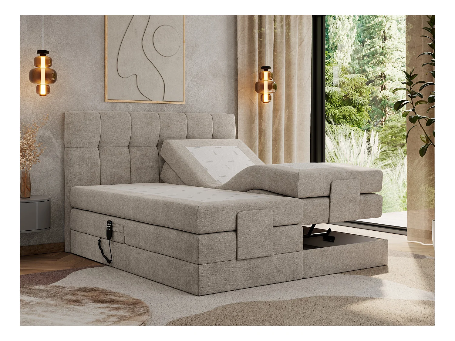 Boxspringbett VITTORIA - mit gestepptem Kopfteil, elektrischem Untergestell, Multipocket-Matratze - 140x200 cm - H4 - Beige Strukture