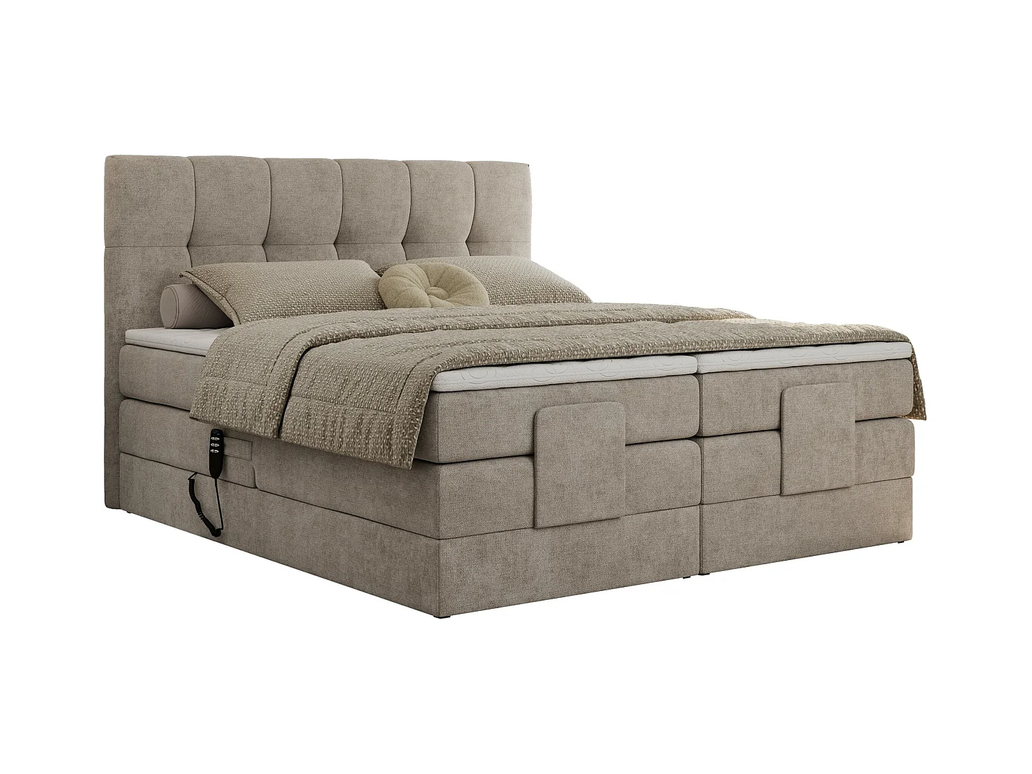 Boxspringbett VITTORIA - mit gestepptem Kopfteil, elektrischem Untergestell, Multipocket-Matratze - 140x200 cm - H4 - Beige Strukture