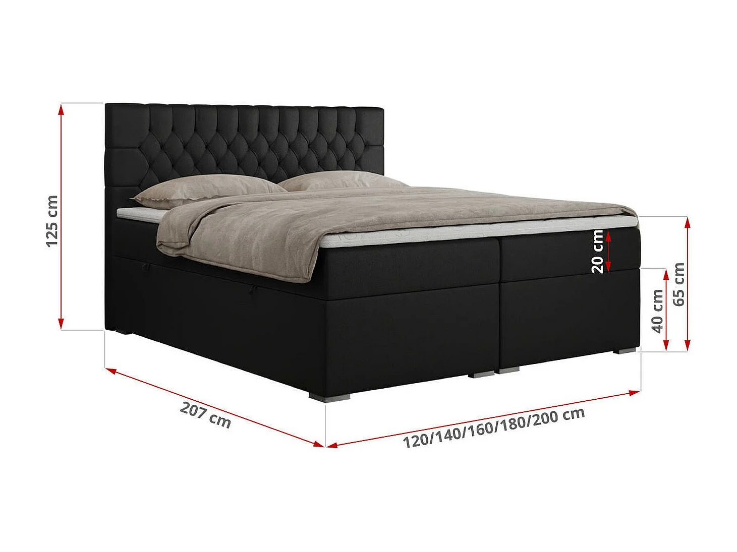 Boxspringbett PERA - gesteppte Kopfstütze, Multipocket-Matratze und Topper, Doppelbett mit Stauraum - 120x200 cm - H3 - Schwarz Kunstleder