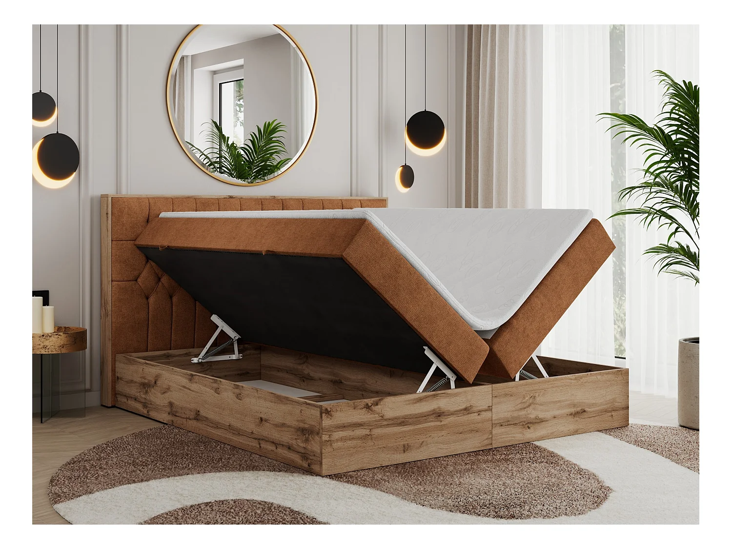 Boxspringbett AMORE - Bett mit Multipocket-Matratze, gesteppte Kopfstütze, Doppelbett für Schlafzimmer - 200x200 cm - H3 - Orange Strukture