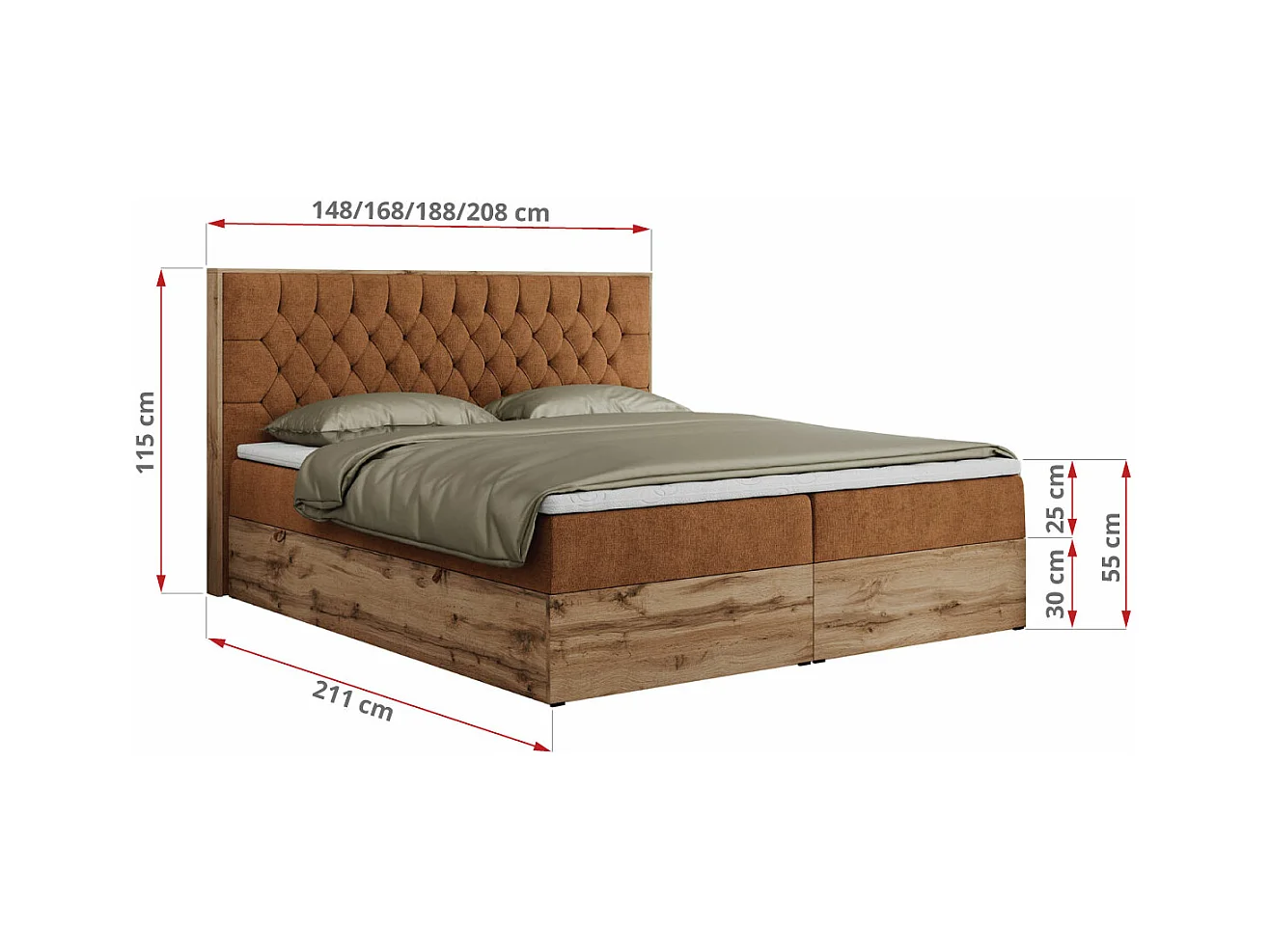 Boxspringbett AMORE - Bett mit Multipocket-Matratze, gesteppte Kopfstütze, Doppelbett für Schlafzimmer - 200x200 cm - H3 - Orange Strukture