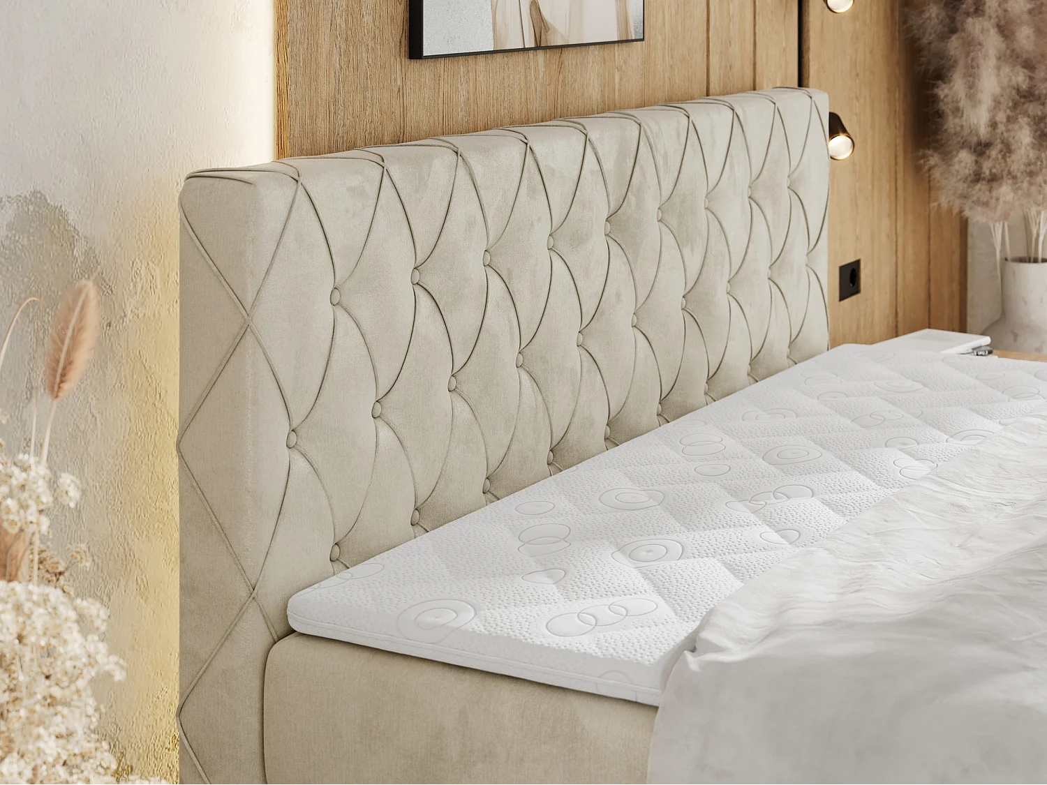 Boxspringbett MIREN KING DUO - für Schlafzimmer mit zwei Multipocket-Matratzen und Topper, gestepptes Kopfteil und Front  - 160x200 cm - H4 - Beige Velvet