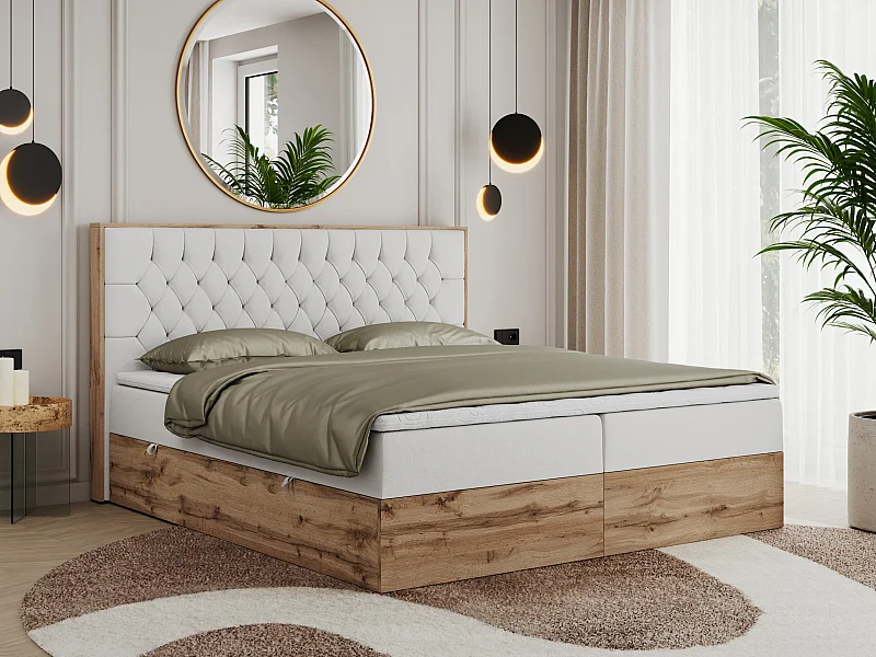 Boxspringbett AMORE - Bett mit Multipocket-Matratze, gesteppte Kopfstütze, Doppelbett für Schlafzimmer - 200x200 cm - H4 - Weiß Kunstleder