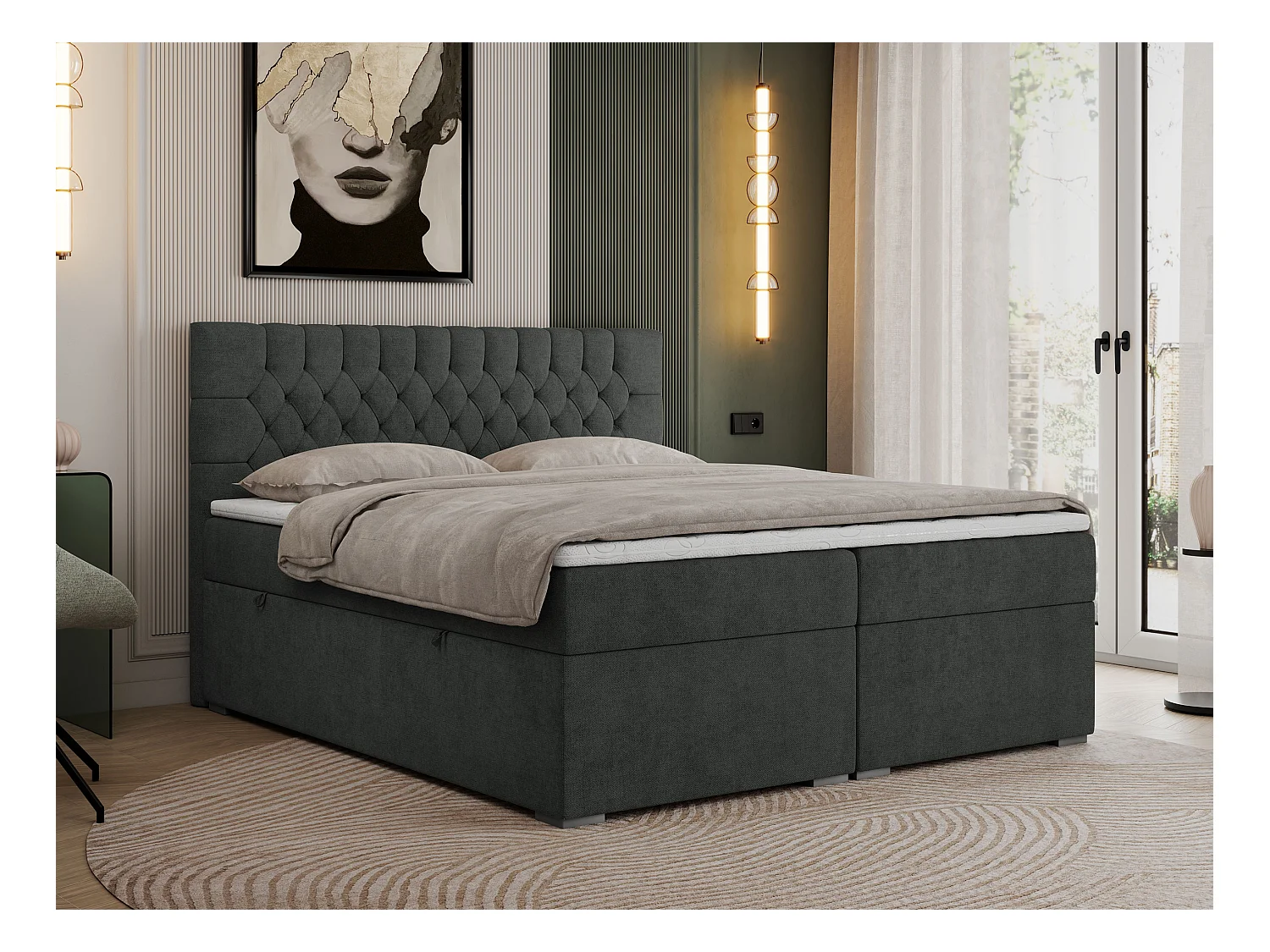 Boxspringbett PERA - gesteppte Kopfstütze, Multipocket-Matratze und Topper, Doppelbett mit Stauraum - 140x200 cm - H4 - Dunkelgrau Strukture