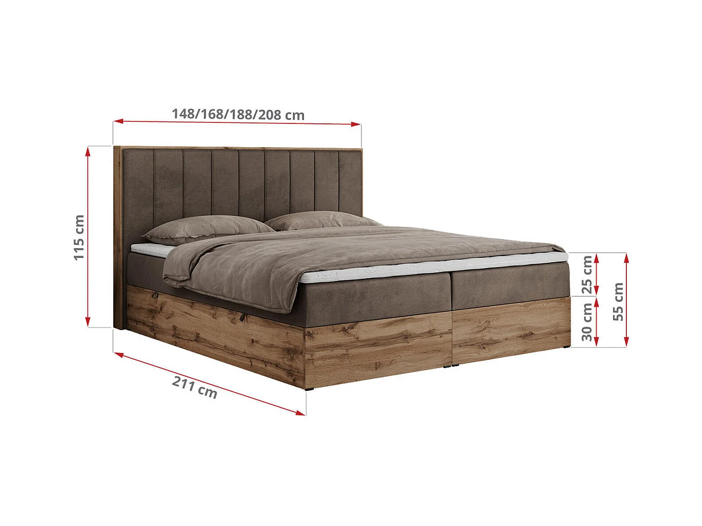 Boxspringbett BELLISSIMO - mit gestepptem Kopfteil, Polsterbett mit zwei Bettkästen, Multipocket-Matratze - 140x200 cm - H3 - Braun Velvet