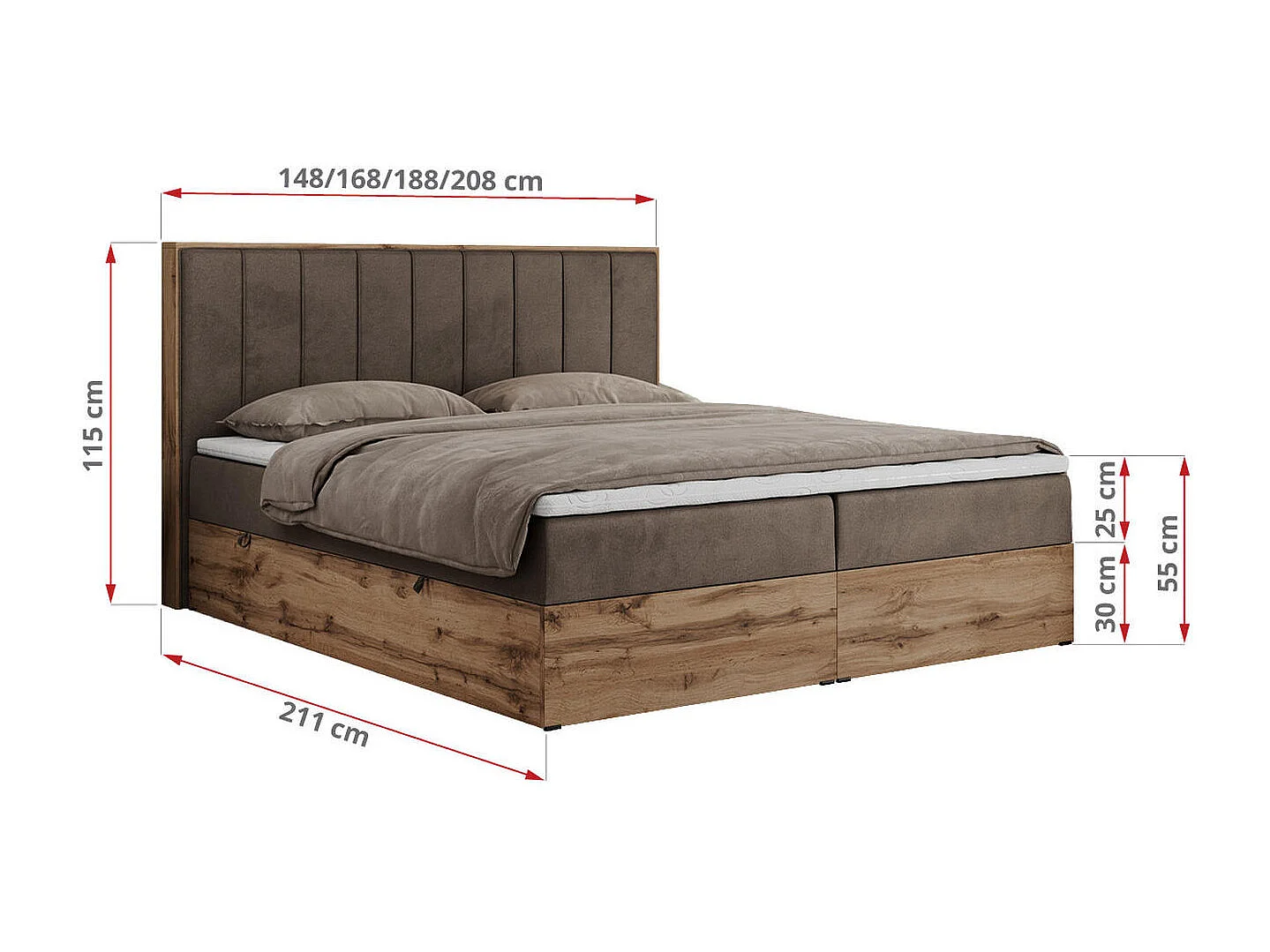 Boxspringbett BELLISSIMO - mit gestepptem Kopfteil, Polsterbett mit zwei Bettkästen, Multipocket-Matratze - 140x200 cm - H3 - Braun Velvet