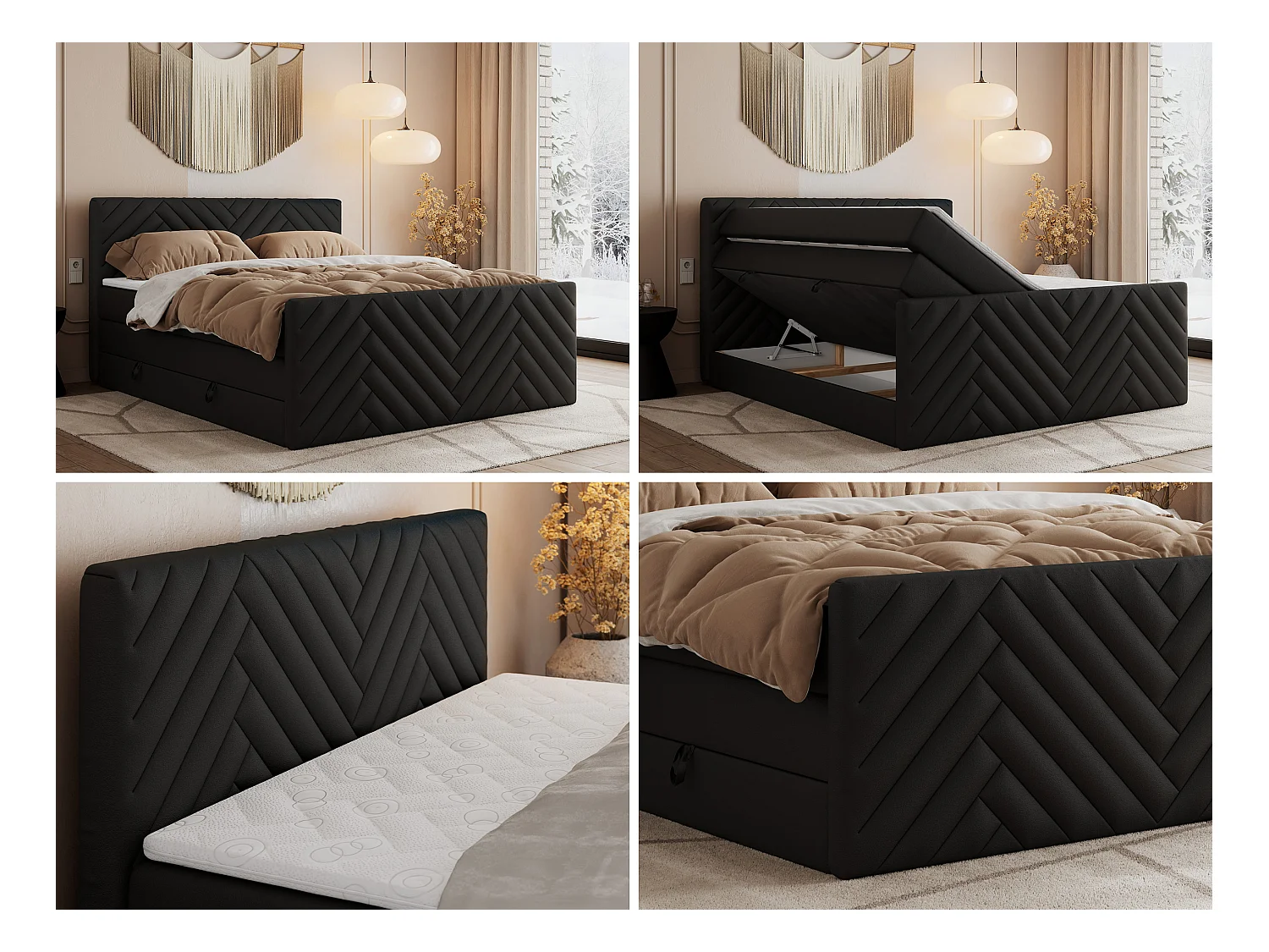 Boxspringbett PARIS KING DUO - dekorative Kopfstütze und Front, zwei Multipocket-Matratze mit Topper - 140x200 cm - H4 - Schwarz Kunstleder