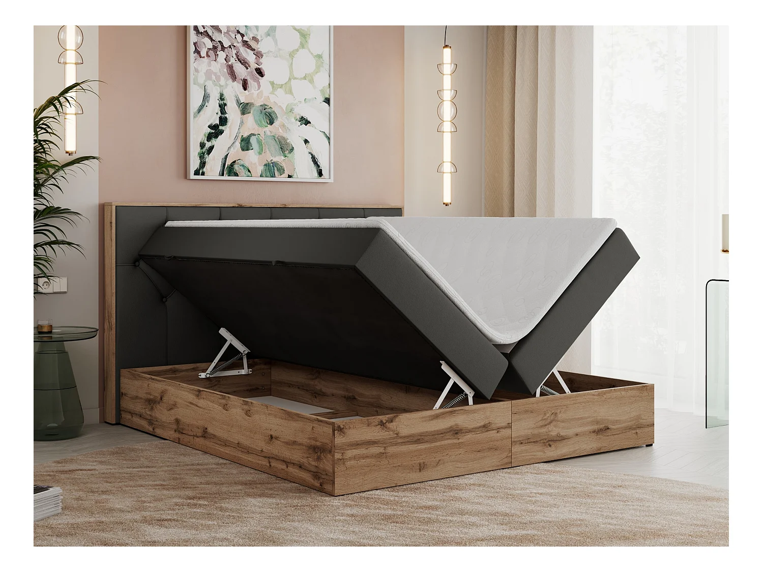 Boxspringbett VENETO - gestepptem Kopfteil, Set mit Multipocket-Matratze und Topper, Holzrahmen, zwei Bettkästen - 180x200 cm - H3 - Dunkelgrau Kunstleder