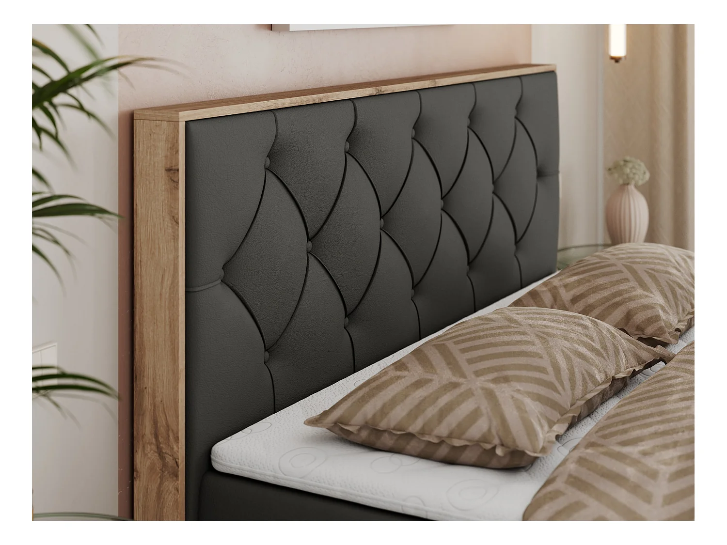 Boxspringbett VENETO - gestepptem Kopfteil, Set mit Multipocket-Matratze und Topper, Holzrahmen, zwei Bettkästen - 180x200 cm - H3 - Dunkelgrau Kunstleder