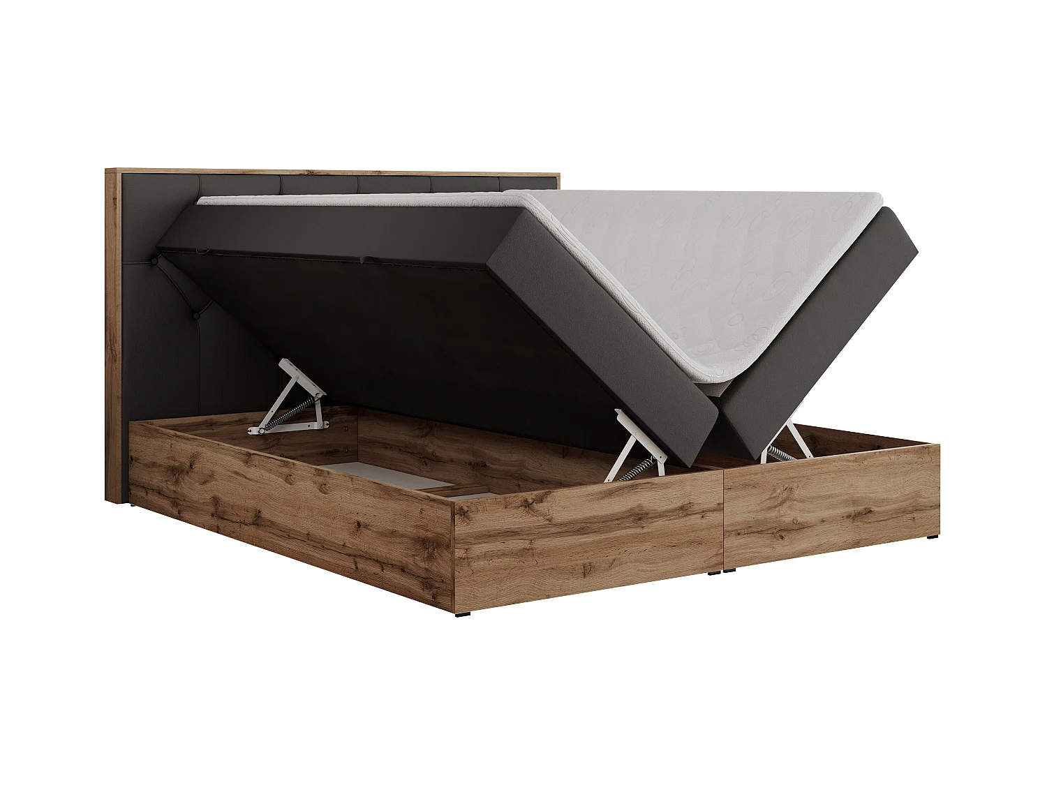 Boxspringbett VENETO - gestepptem Kopfteil, Set mit Multipocket-Matratze und Topper, Holzrahmen, zwei Bettkästen - 180x200 cm - H3 - Dunkelgrau Kunstleder