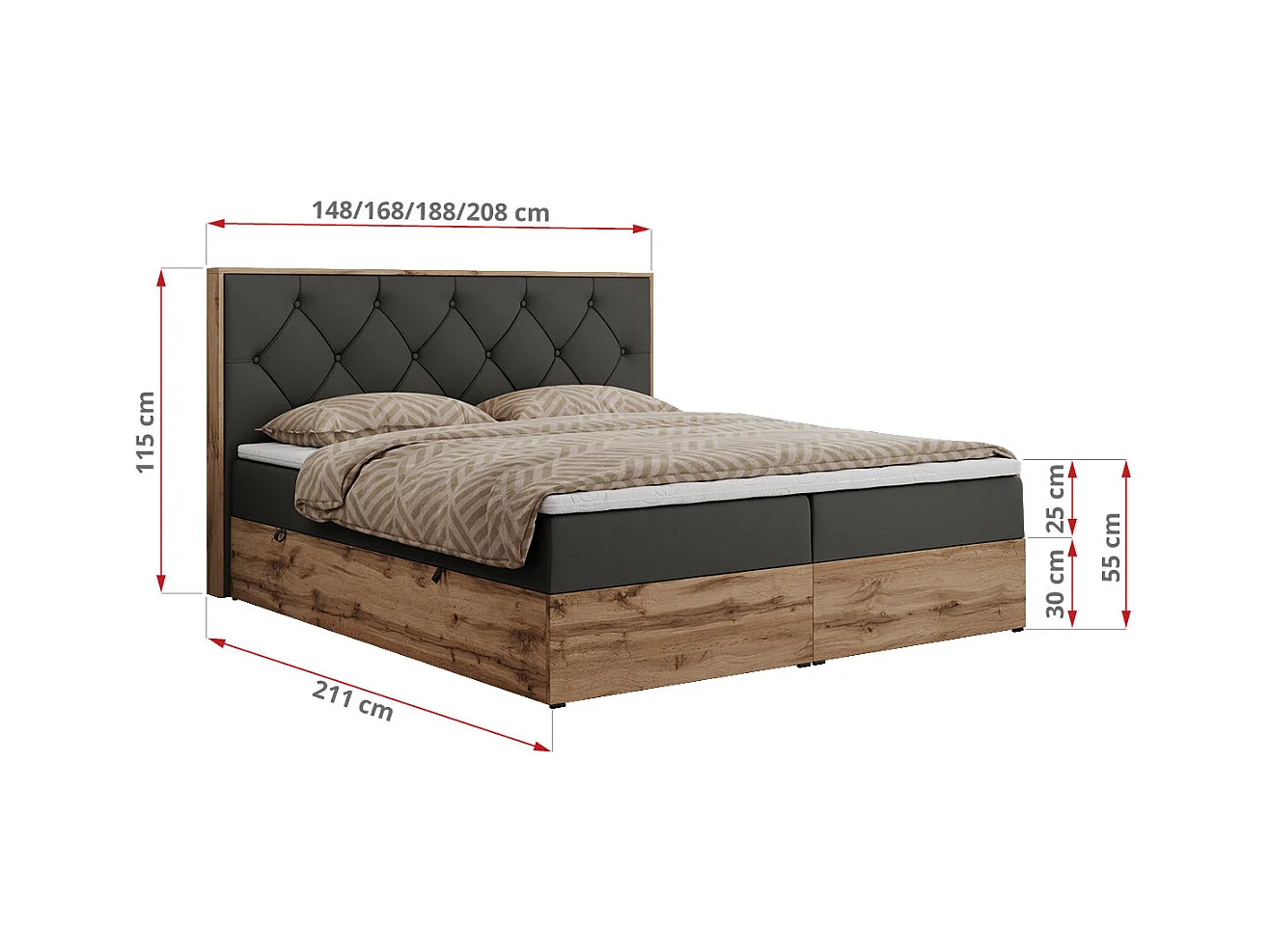 Boxspringbett VENETO - gestepptem Kopfteil, Set mit Multipocket-Matratze und Topper, Holzrahmen, zwei Bettkästen - 180x200 cm - H3 - Dunkelgrau Kunstleder