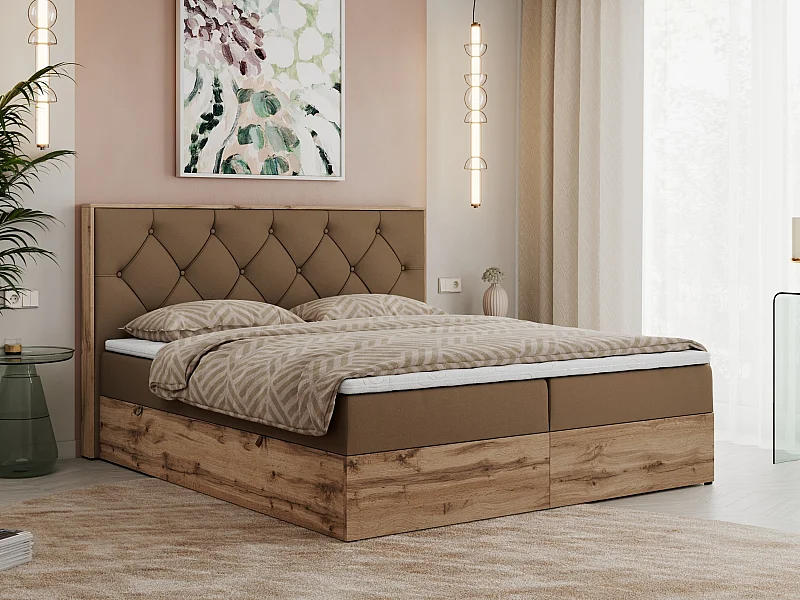 Boxspringbett VENETO - gestepptem Kopfteil, Set mit Multipocket-Matratze und Topper, Holzrahmen, zwei Bettkästen - 140x200 cm - H4 - Braun Kunstleder