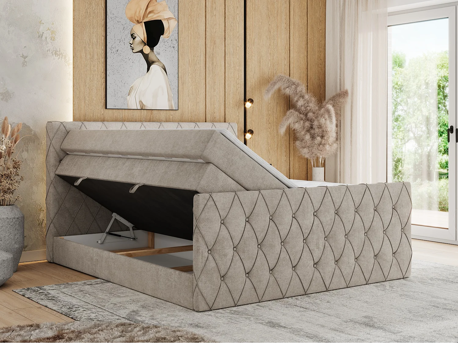 Boxspringbett MIREN KING DUO - für Schlafzimmer mit zwei Multipocket-Matratzen und Topper, gestepptes Kopfteil und Front  - 120x200 cm - H4 - Beige Strukture