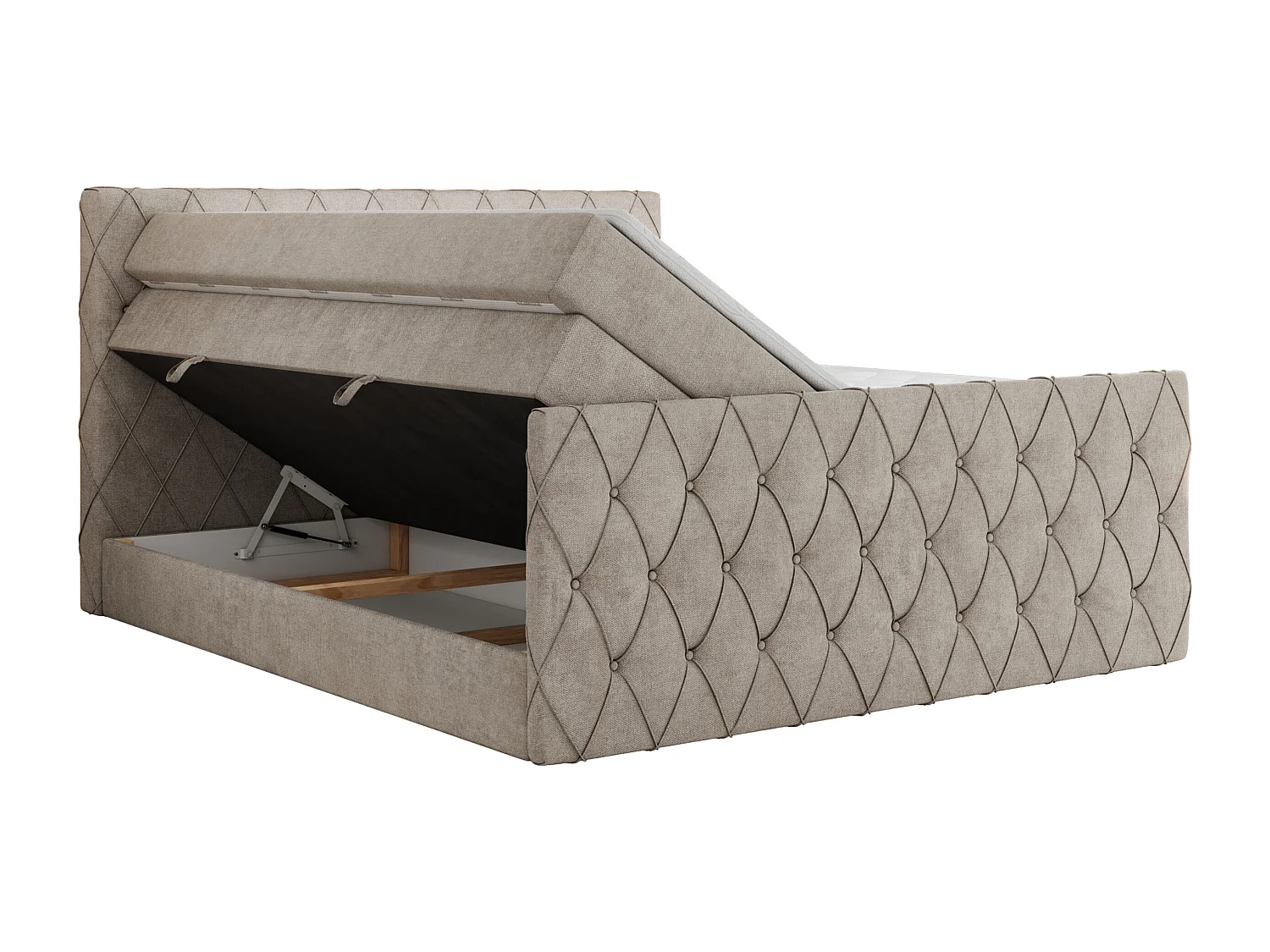 Boxspringbett MIREN KING DUO - für Schlafzimmer mit zwei Multipocket-Matratzen und Topper, gestepptes Kopfteil und Front  - 120x200 cm - H4 - Beige Strukture