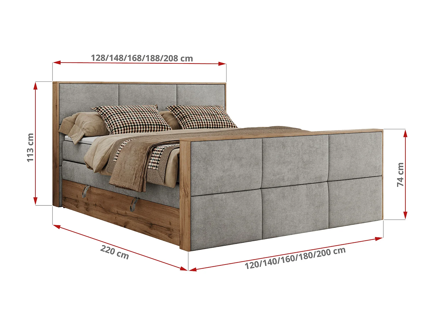 Boxspringbett ALBERO 2 KING DUO - Eiche Wotan Holzrahmen, zwei Multipocket-Matratzen, Bettkästen - 180x200 cm - H4 - Hellgrau Strukture