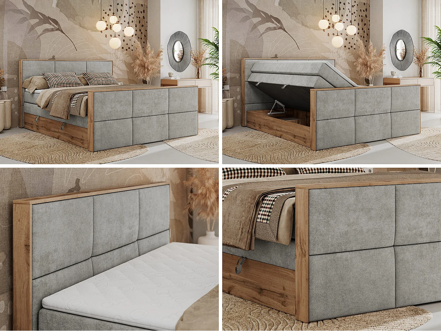 Boxspringbett ALBERO 2 KING DUO - Eiche Wotan Holzrahmen, zwei Multipocket-Matratzen, Bettkästen - 180x200 cm - H4 - Hellgrau Strukture