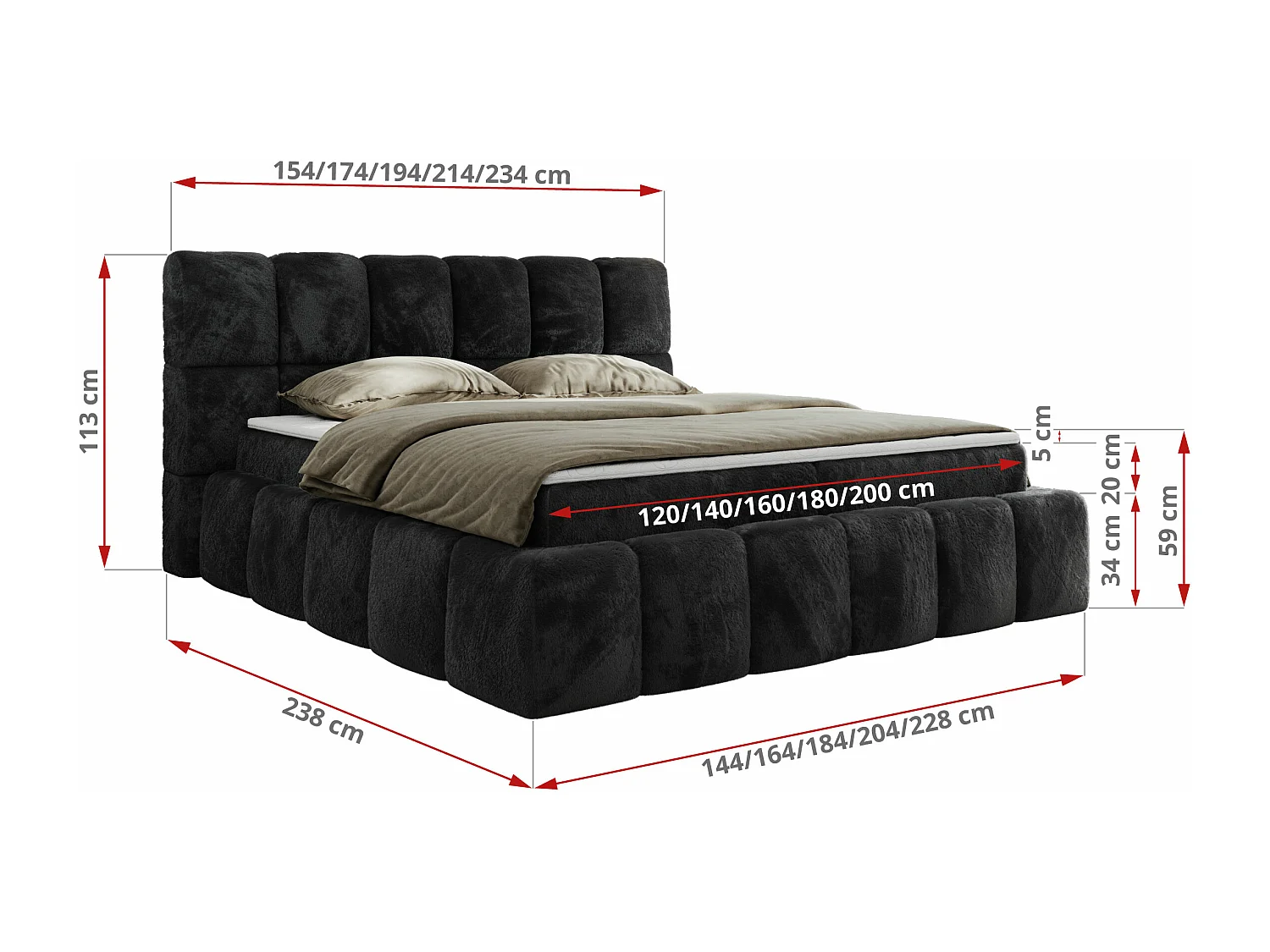 Boxspringbett NIRA - dekorativ kopfteil, Bettkästen und Multipocket-Matratze, Doppelbett für Schlafzimmer - 180x200 cm - H4 - Dunkelgrau Plüsch