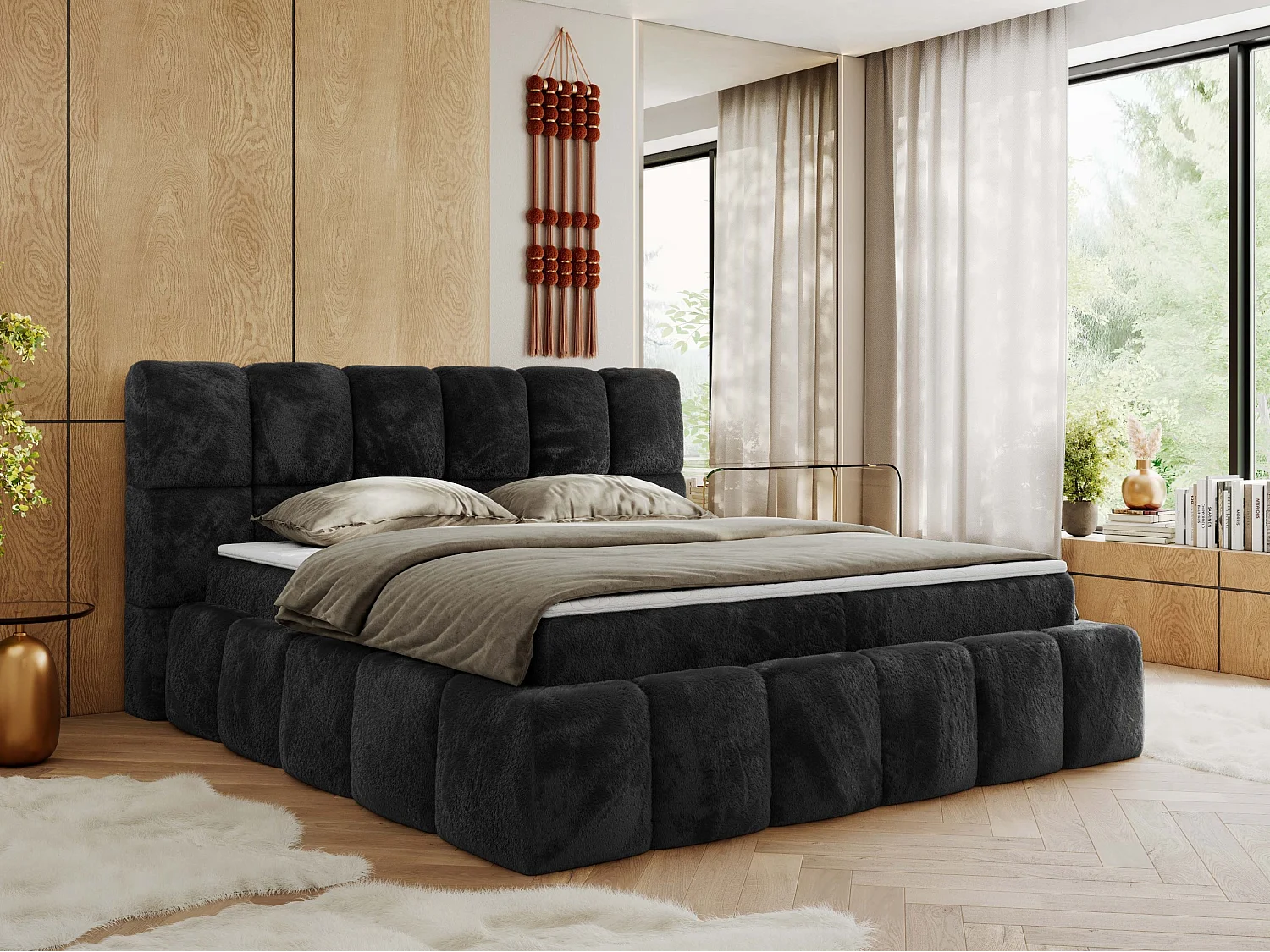 Boxspringbett NIRA - dekorativ kopfteil, Bettkästen und Multipocket-Matratze, Doppelbett für Schlafzimmer - 180x200 cm - H4 - Dunkelgrau Plüsch