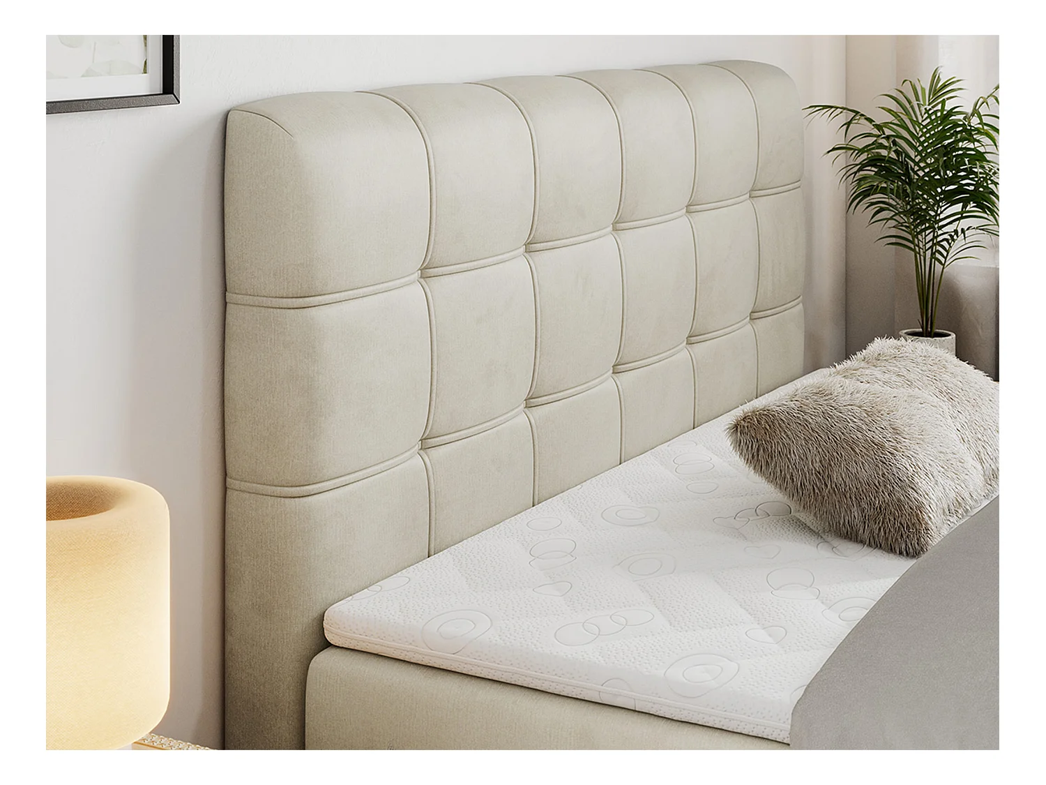 Boxspringbett FAST - Doppelbett mit Stauraum, gestepptes Kopfteil, Multipocket-Matratze - 180x200 cm - H3 - Beige Velvet