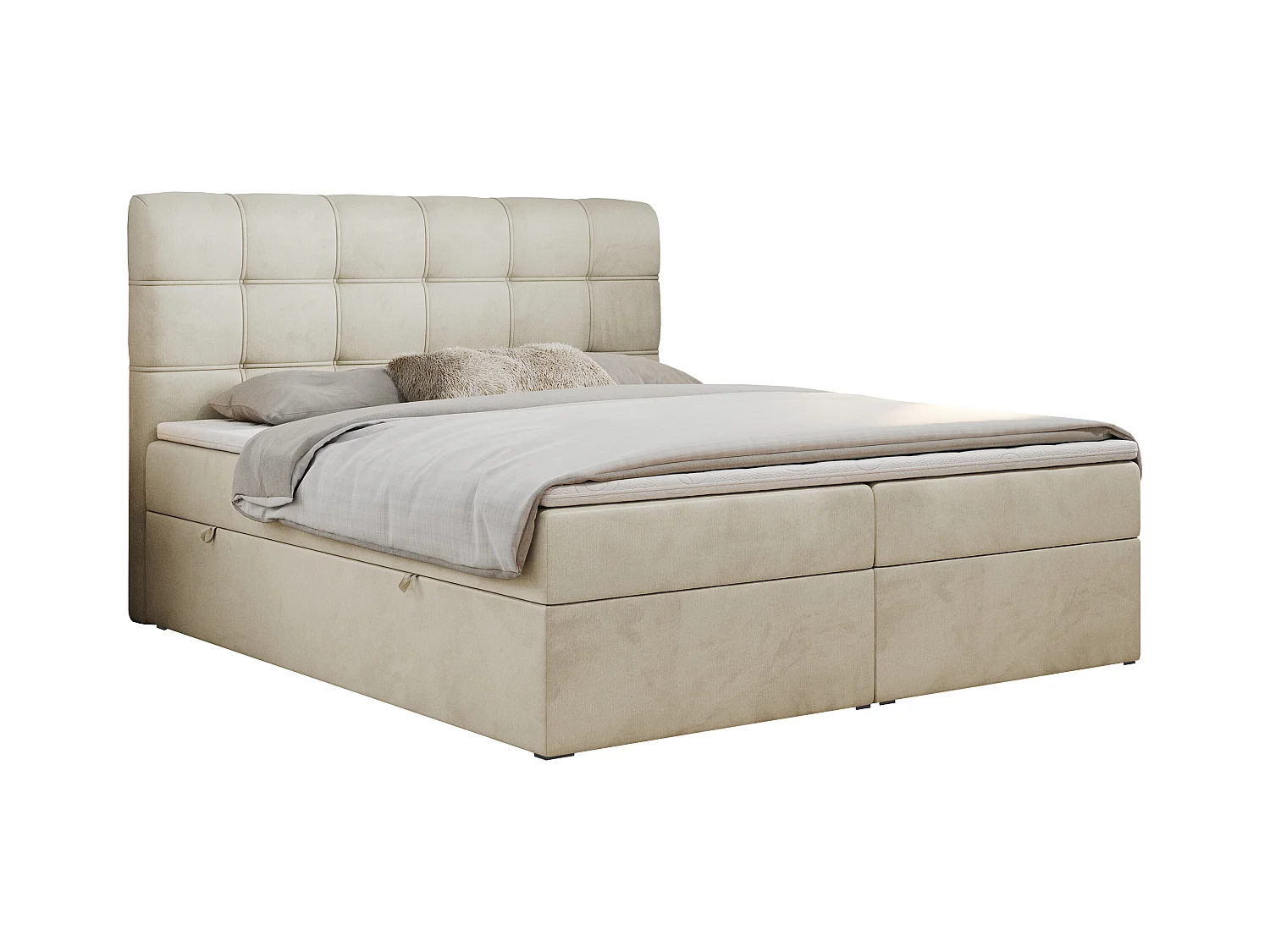 Boxspringbett FAST - Doppelbett mit Stauraum, gestepptes Kopfteil, Multipocket-Matratze - 180x200 cm - H3 - Beige Velvet