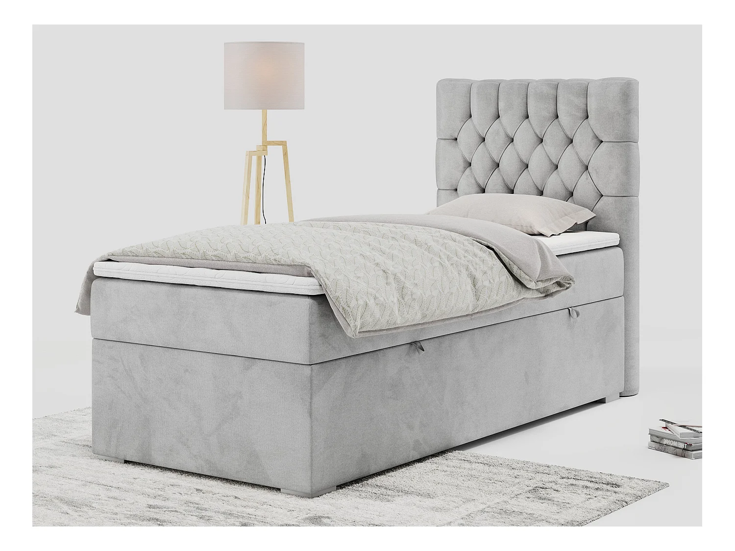 Boxspringbett PERA - Einzelbett mit Kopfstütze, Polsterbett, Multipocket-Matratze, genähtes Kopfteil - 90x200 cm - H4 - Hellgrau Velvet - Rechts Seite