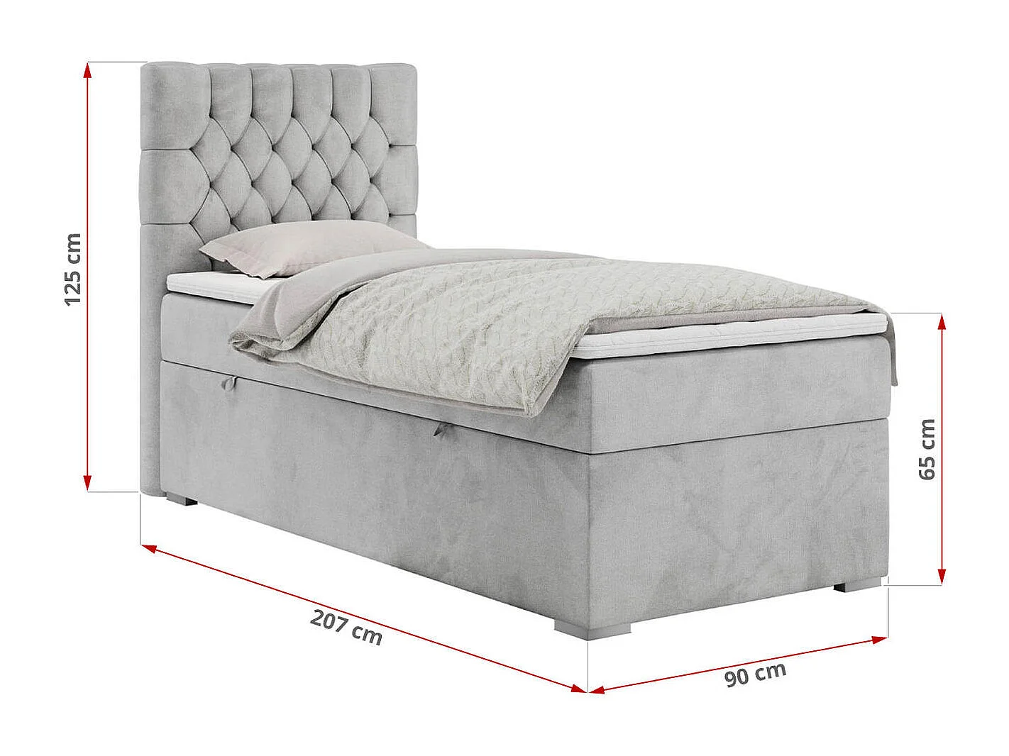 Boxspringbett PERA - Einzelbett mit Kopfstütze, Polsterbett, Multipocket-Matratze, genähtes Kopfteil - 90x200 cm - H4 - Hellgrau Velvet - Rechts Seite