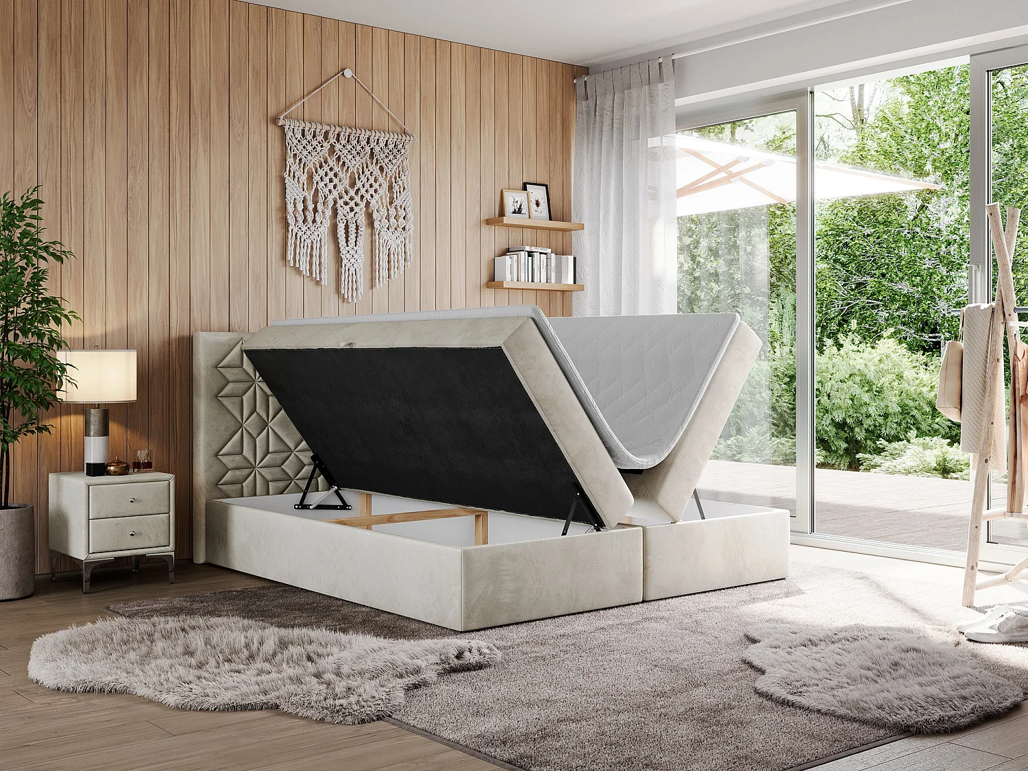 Boxspringbett LEILA - gestepptes Kopfteil,  7 Härtezonen Multipocket-Matratzen, Doppelbett mit Bettkästen - 140x200 cm - H3 - Beige Velvet