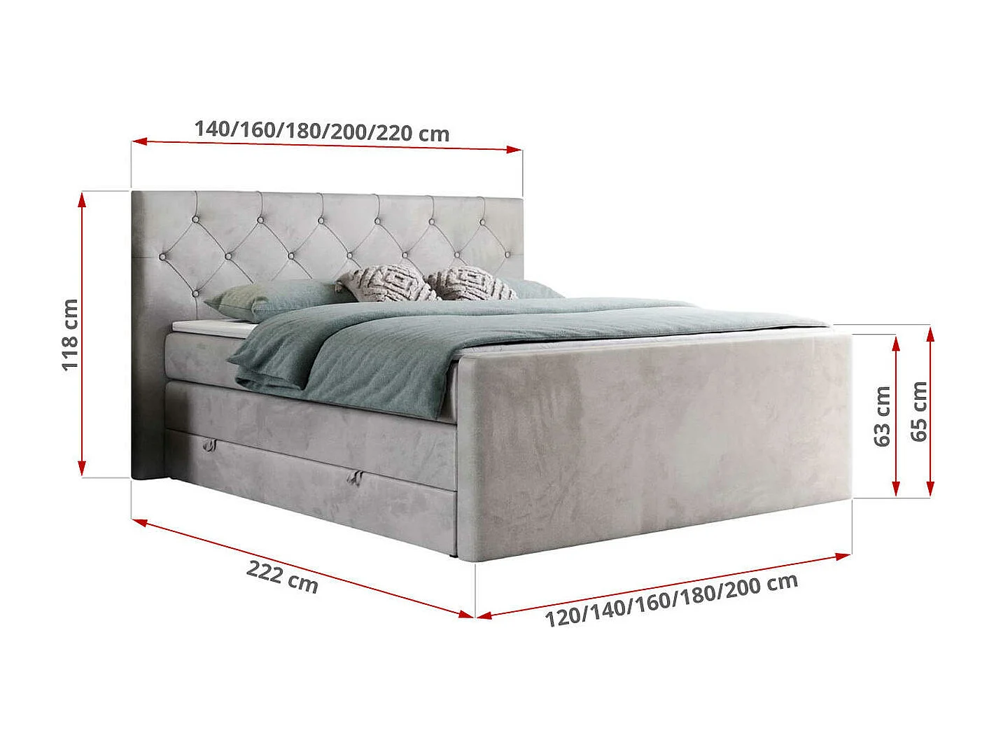 Boxspringbett VELEN KING - Doppelbett mit gestepptem Kopfteil, zwei Multipocket-Matratzen, Polsterbett mit Kopfstütze - 140x200 cm - H3 - Hellgrau Velvet