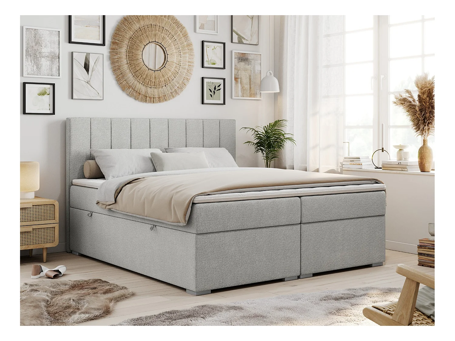 Boxspringbett ALLY - gestreiftes, genähtes Kopfteil, zwei Bettkästen, Multipocket-Matratzen, Praktisch Polsterbett - 120x200 cm - H3 - Hellgrau Strukture