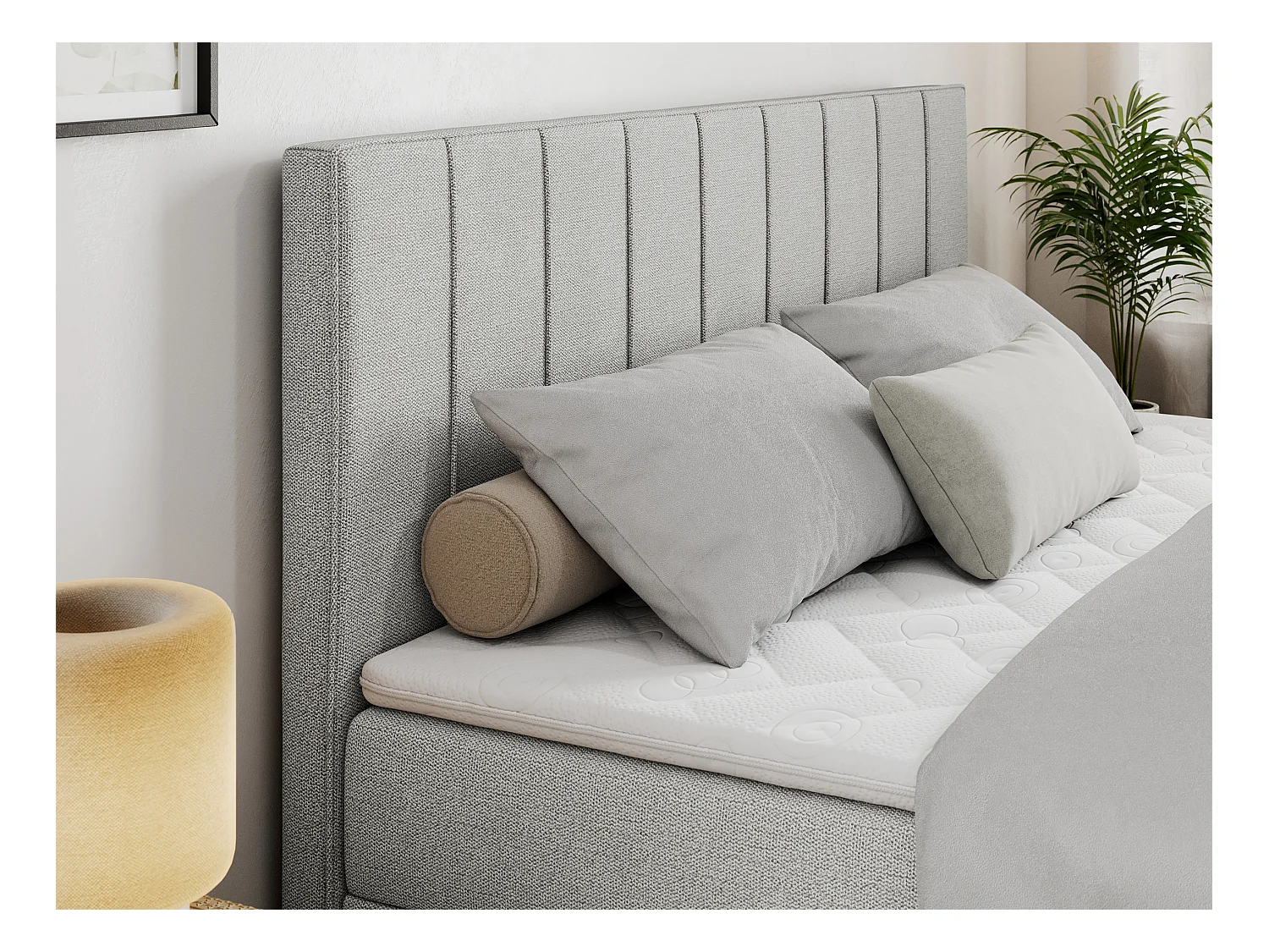 Boxspringbett ALLY - gestreiftes, genähtes Kopfteil, zwei Bettkästen, Multipocket-Matratzen, Praktisch Polsterbett - 120x200 cm - H3 - Hellgrau Strukture