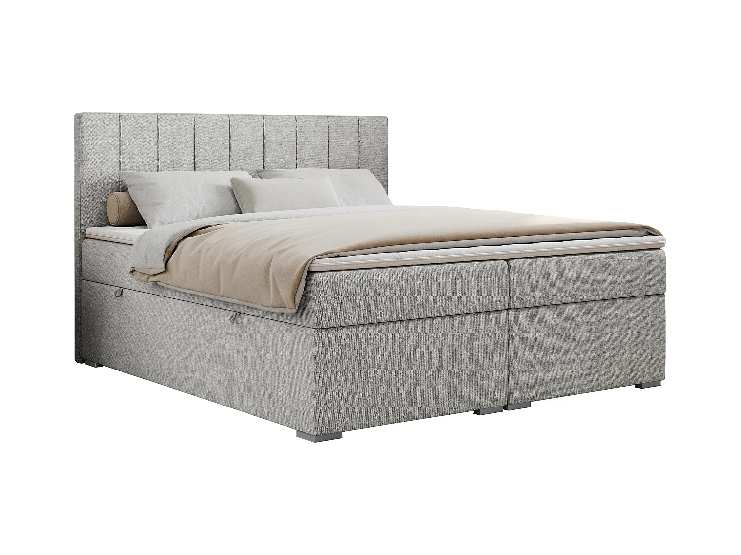 Boxspringbett ALLY - gestreiftes, genähtes Kopfteil, zwei Bettkästen, Multipocket-Matratzen, Praktisch Polsterbett - 120x200 cm - H3 - Hellgrau Strukture