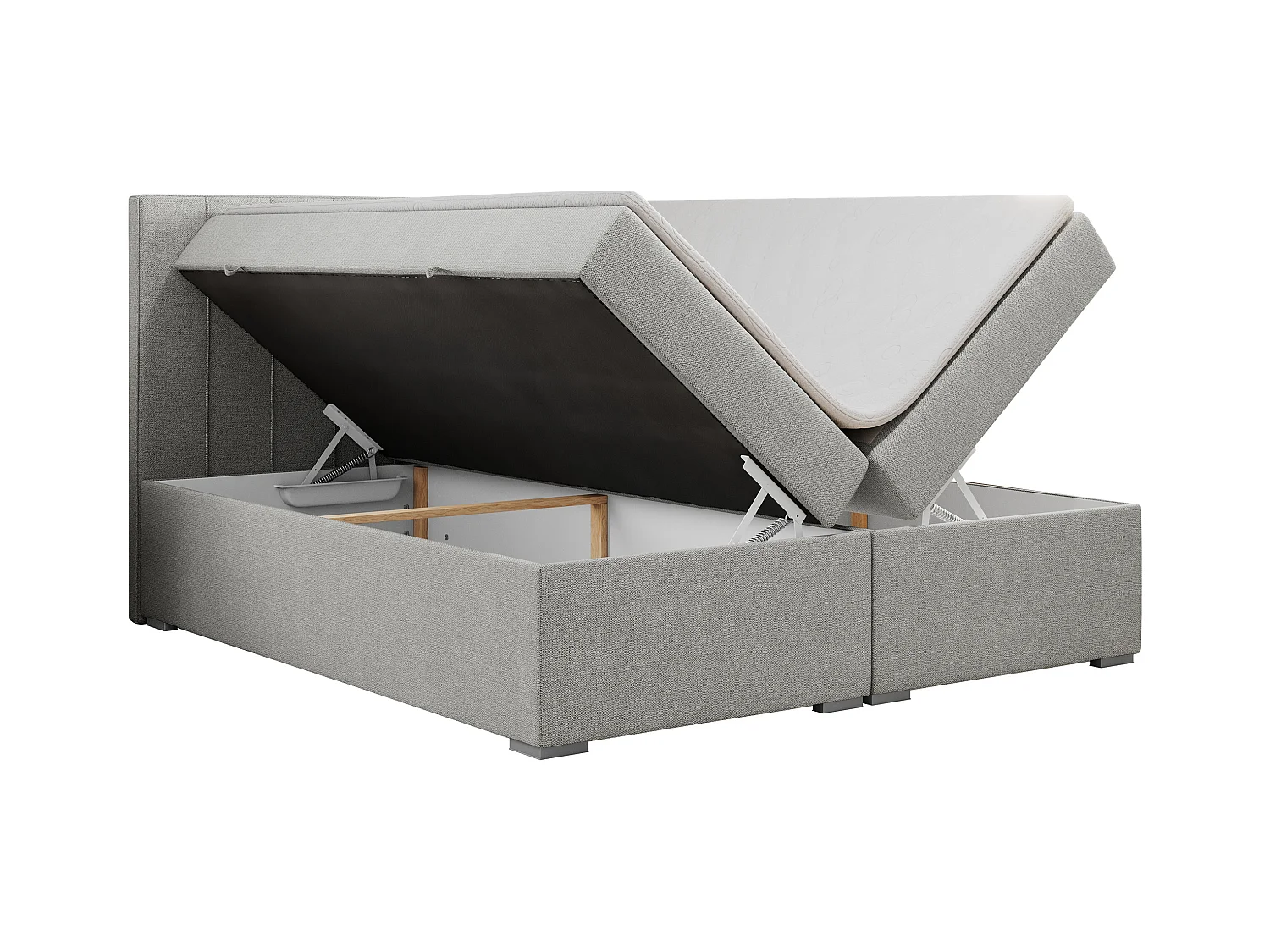 Boxspringbett ALLY - gestreiftes, genähtes Kopfteil, zwei Bettkästen, Multipocket-Matratzen, Praktisch Polsterbett - 120x200 cm - H3 - Hellgrau Strukture