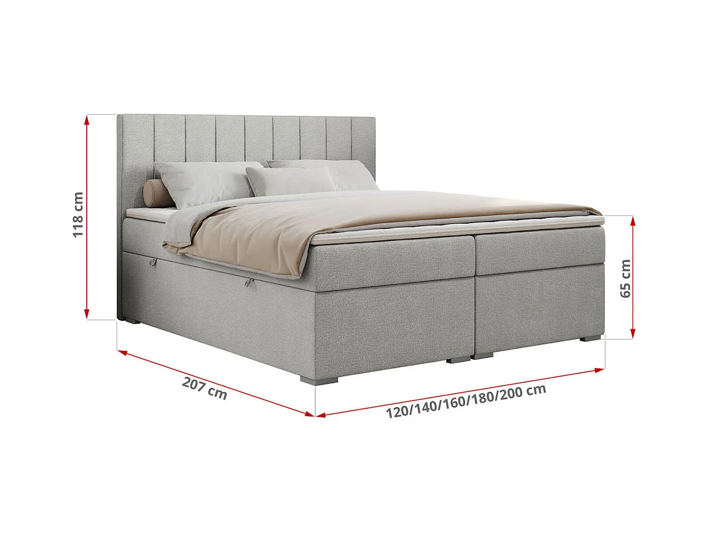 Boxspringbett ALLY - gestreiftes, genähtes Kopfteil, zwei Bettkästen, Multipocket-Matratzen, Praktisch Polsterbett - 120x200 cm - H3 - Hellgrau Strukture
