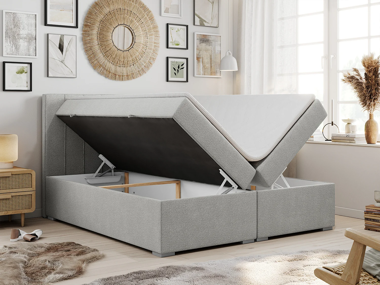 Boxspringbett ALLY - gestreiftes, genähtes Kopfteil, zwei Bettkästen, Multipocket-Matratzen, Praktisch Polsterbett - 120x200 cm - H3 - Hellgrau Strukture