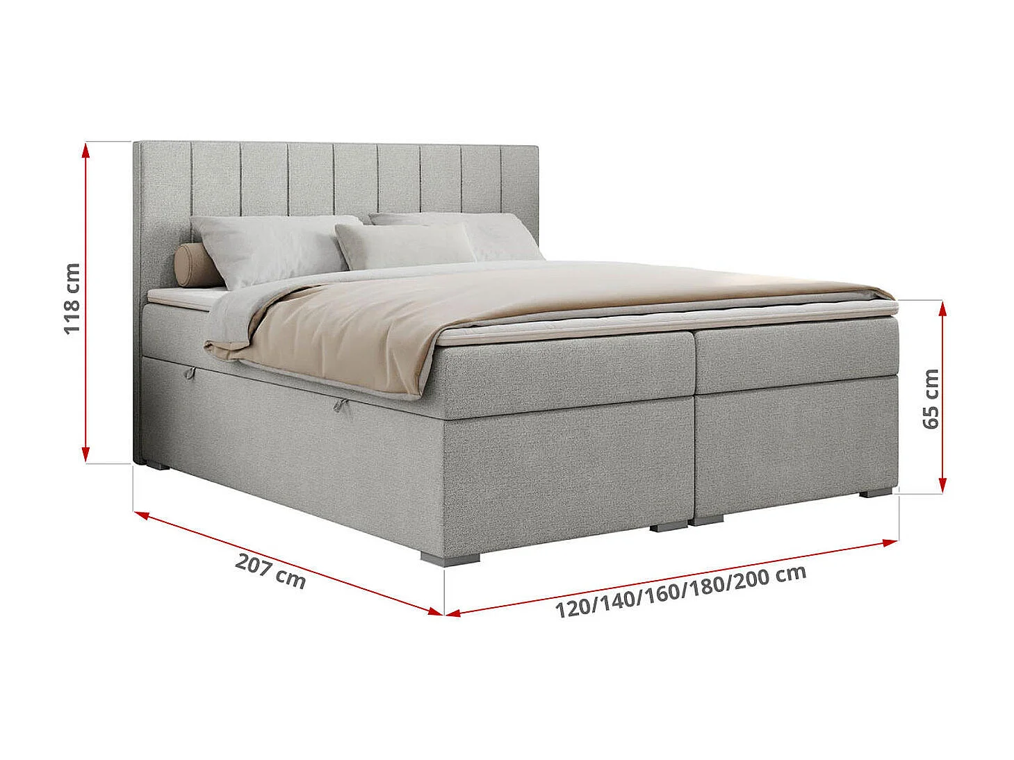 Boxspringbett ALLY - gestreiftes, genähtes Kopfteil, zwei Bettkästen, Multipocket-Matratzen, Praktisch Polsterbett - 120x200 cm - H3 - Hellgrau Strukture