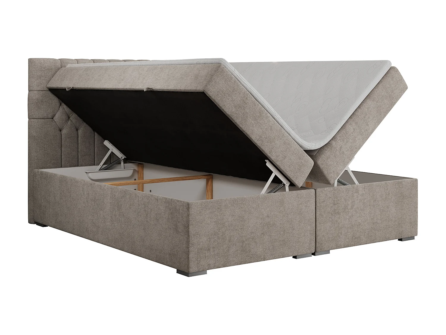 Boxspringbett PERA - gesteppte Kopfstütze, Multipocket-Matratze und Topper, Doppelbett mit Stauraum - 200x200 cm - H4 - Beige Strukture